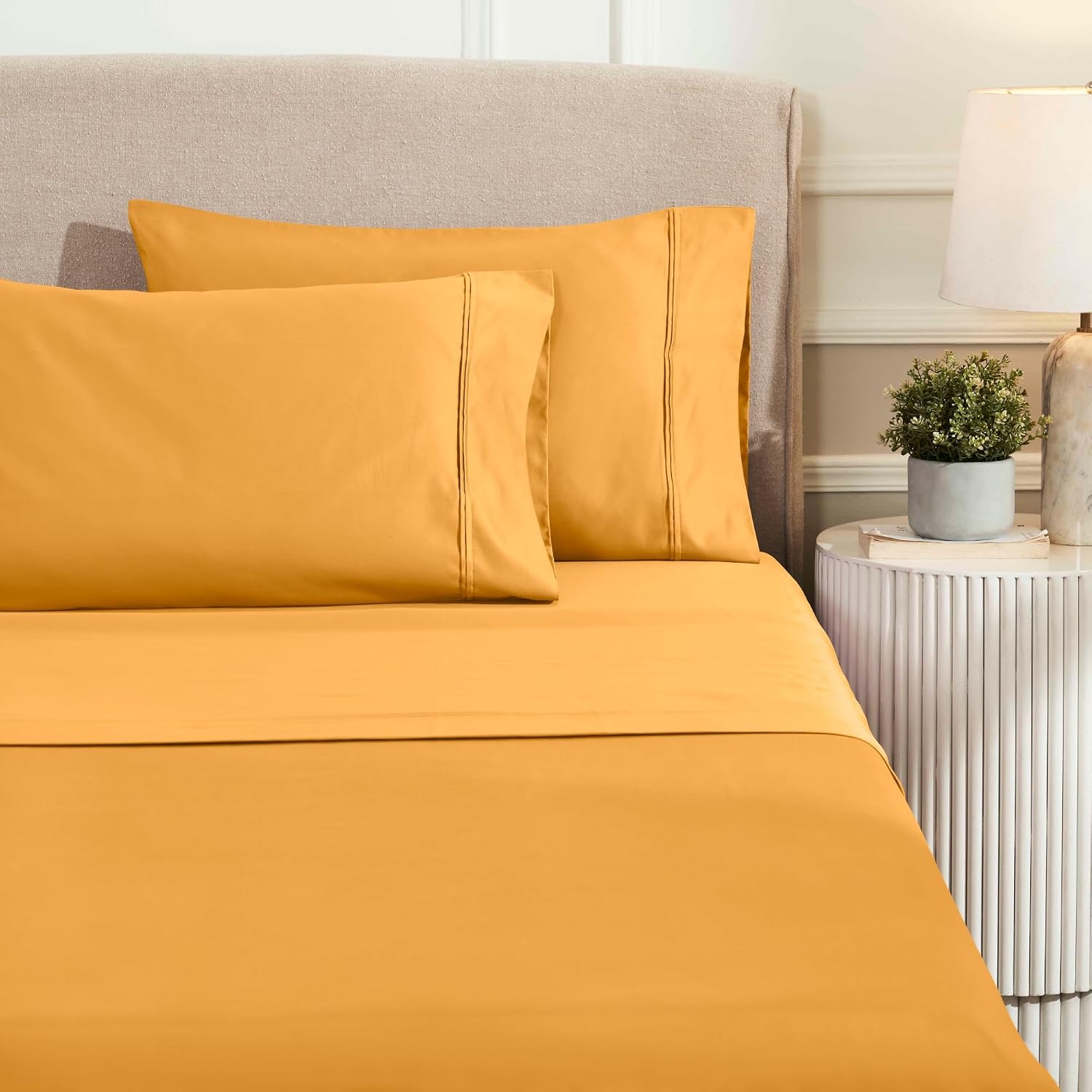 Superior 1200 Thread Count Egyptian Cotton Sheet Set, Bedroom Sheets, Modern Home Essentials, Luxury Bedding, 1 Elastic Deep Pocket Fitted Bed Sheet, 1 Flat Sheet, 2 Pillowcases, King, Dijon