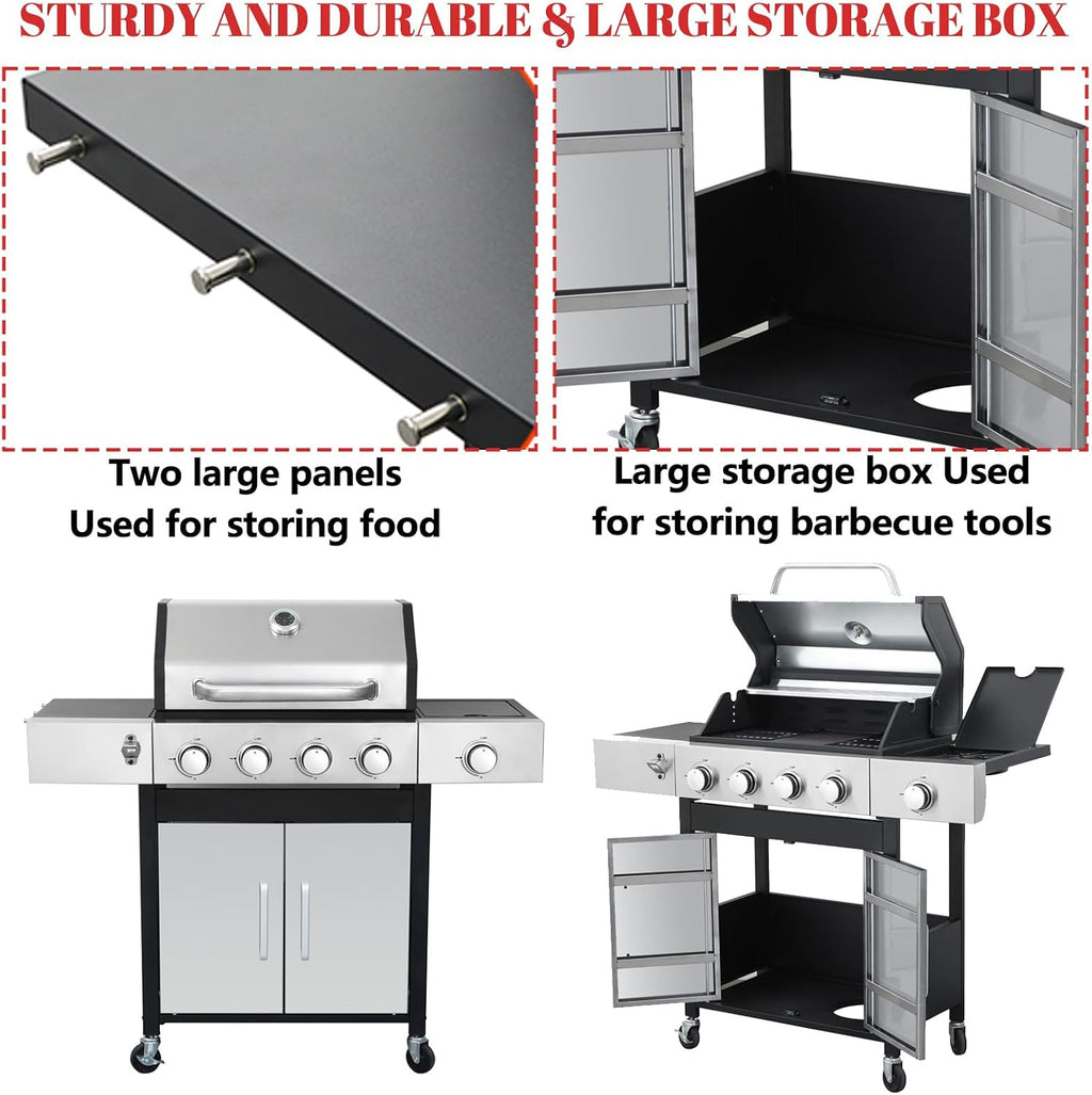 3-Burner Propane Gas BBQ Grill, Stainless Steel Propane Grill 36,900 BTU Outdoor Cabinet Style with Wheels, Wire Rack and Two Foldable Side Table for Outdoor Barbecue Cooking (5-Burner Grill,Silver)