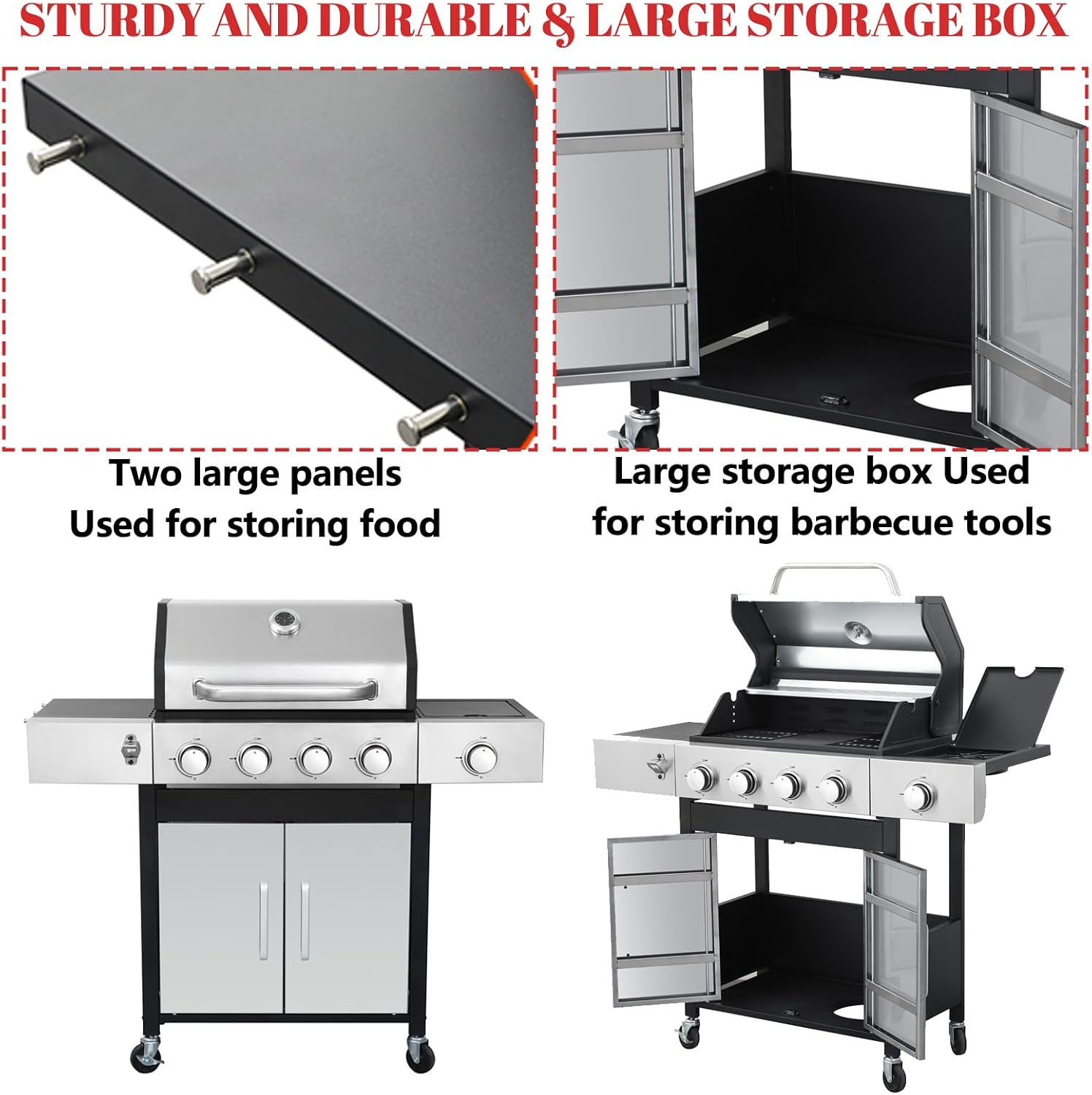 3-Burner Propane Gas BBQ Grill, Stainless Steel Propane Grill 36,900 BTU Outdoor Cabinet Style with Wheels, Wire Rack and Two Foldable Side Table for Outdoor Barbecue Cooking (5-Burner Grill,Silver)