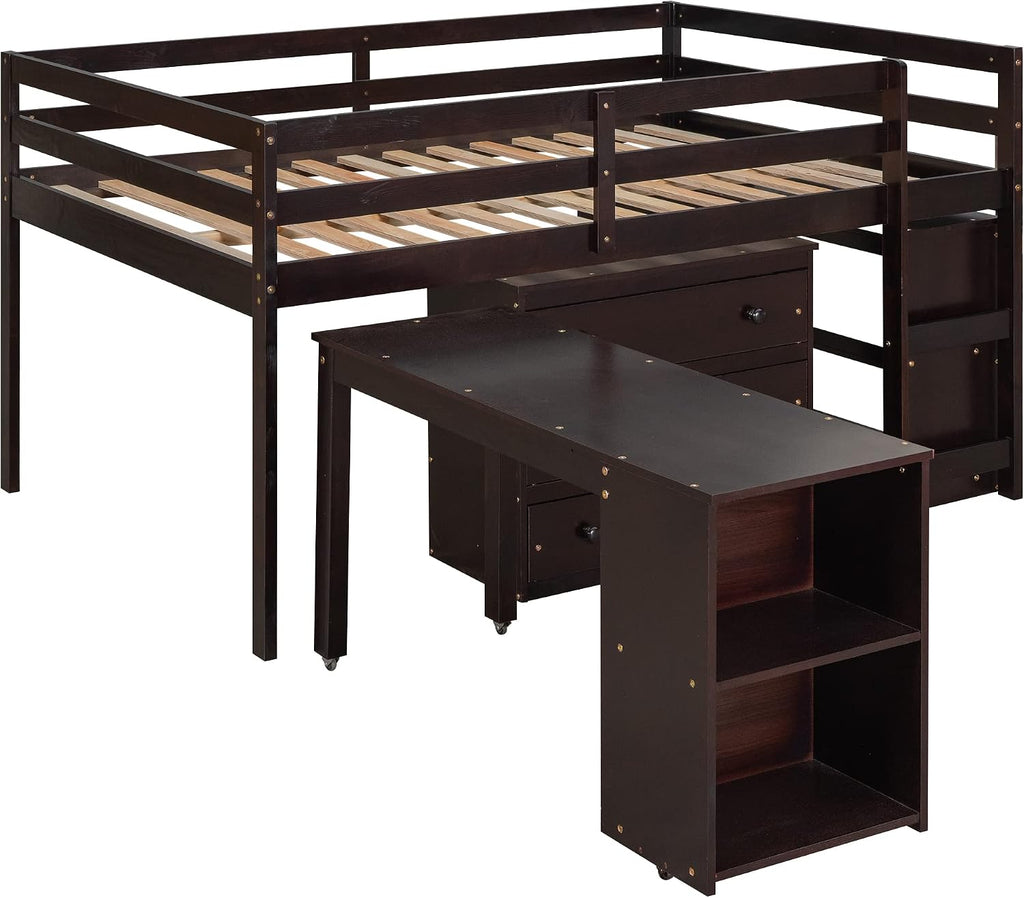 Bellemave Low Loft Bed with Desk and Dresser Full Size, Wood Kids Loft Beds Frame with Cabinet & Storage Shelves & Rolling Portable Desk for Juniors, Teen, Boys, Girls, Espresso