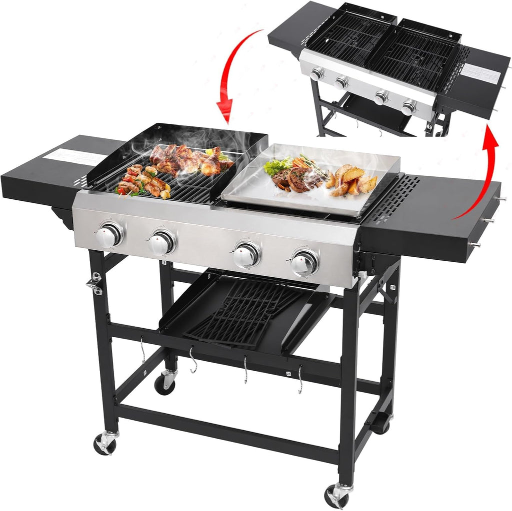 2-in-1 Propane Griddle Grill Combo 38200 BTU, 4-Burner Propane Gas Grill with 2 Foldable Side Tables for Outdoor Cooking Camping Patio Backyard (Grill + Griddle)