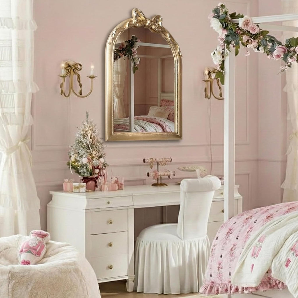 36x24 Arched Gold Bow Wall Mirror, Vintage Vanity Mirror for Bathroom & Bedroom Decor, Antique French Style Engineered Wood Frame with Ribbon Knot, Cute Coquette Aesthetic