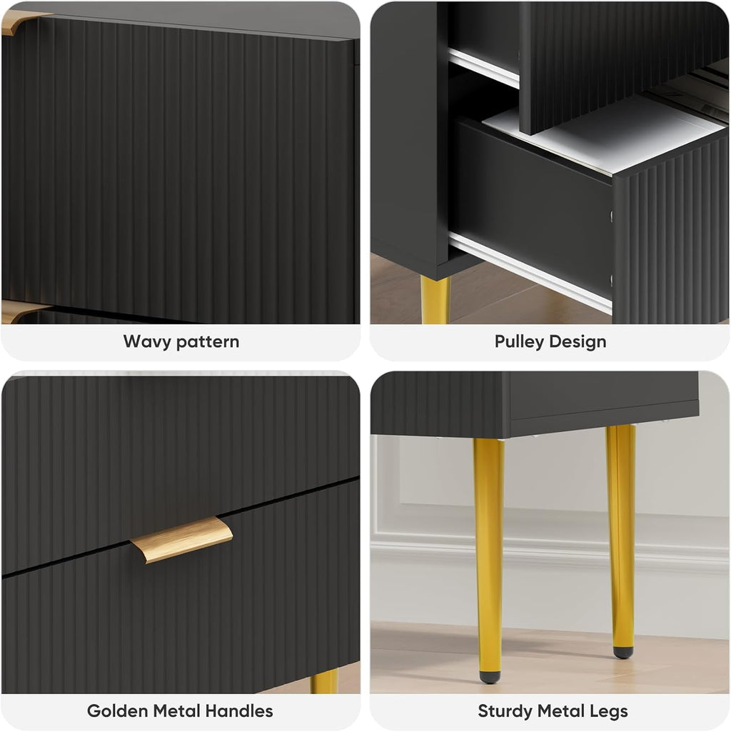 Smart FENDEE Set of 2 Nightstand, Black Mid Century Modern Night Stand with Fluted Panel, Bedside Table with 2 Drawer, Large NightStand with Gold Leg for Bedroom