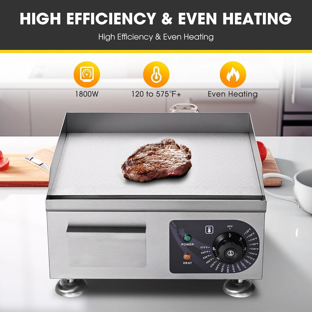 Electric Countertop Griddle 14 inch 1800W Commercial Electric Griddle Adjustable Temperature 120℉-575℉ Flat Top Restaurant Grill Non-Stick Flat (14 inch)