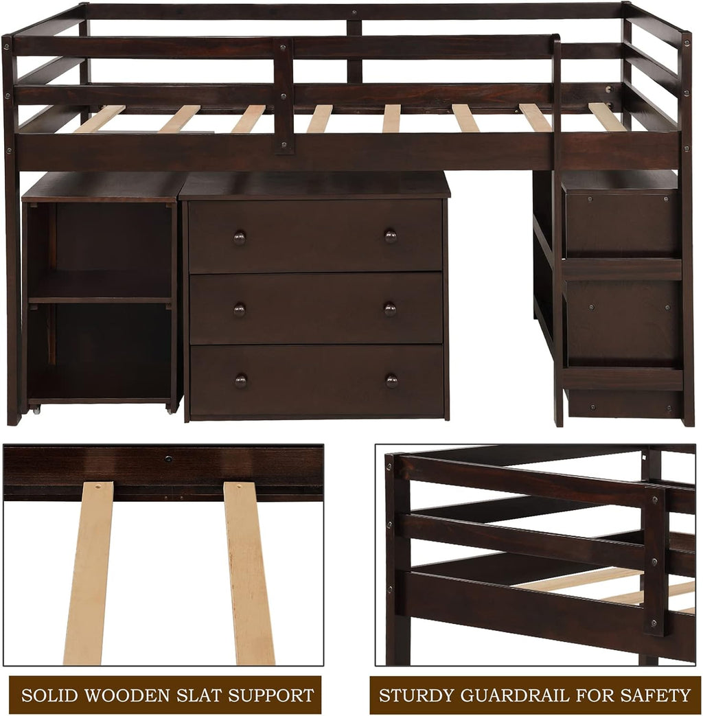 Bellemave Low Loft Bed Wood Loft Bed Frame with Storage Cabinet and Rolling Portable Desk for Kids and Teen, Boys, Girls, Twin,Espresso