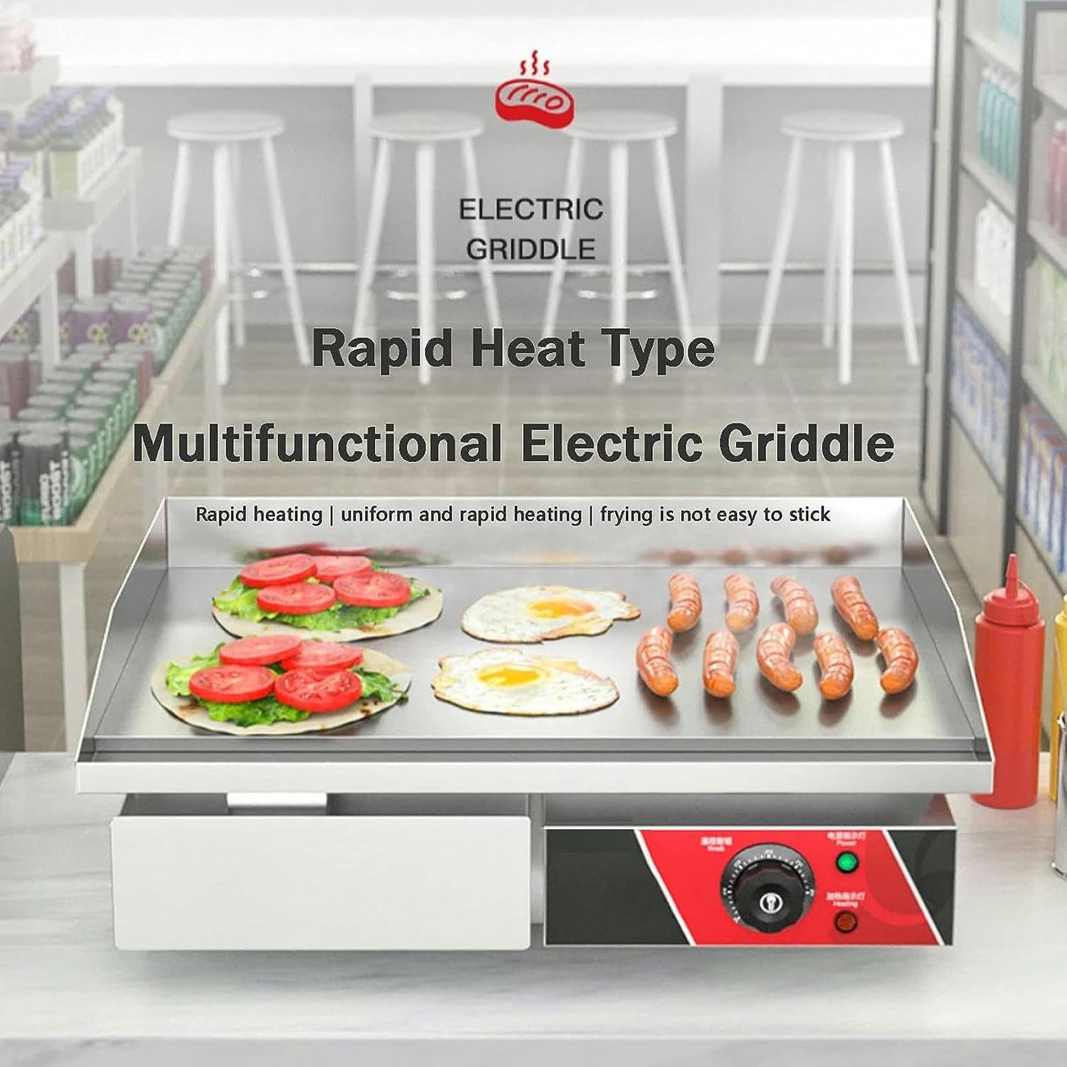 Commercial Large Electric Countertop Flat Top Griddle, Non-Stick Restaurant Teppanyaki Grill Kitchen Grill Counter Adjustable Temperature Control 122°F-572°F for Home Kitchen Barbecue