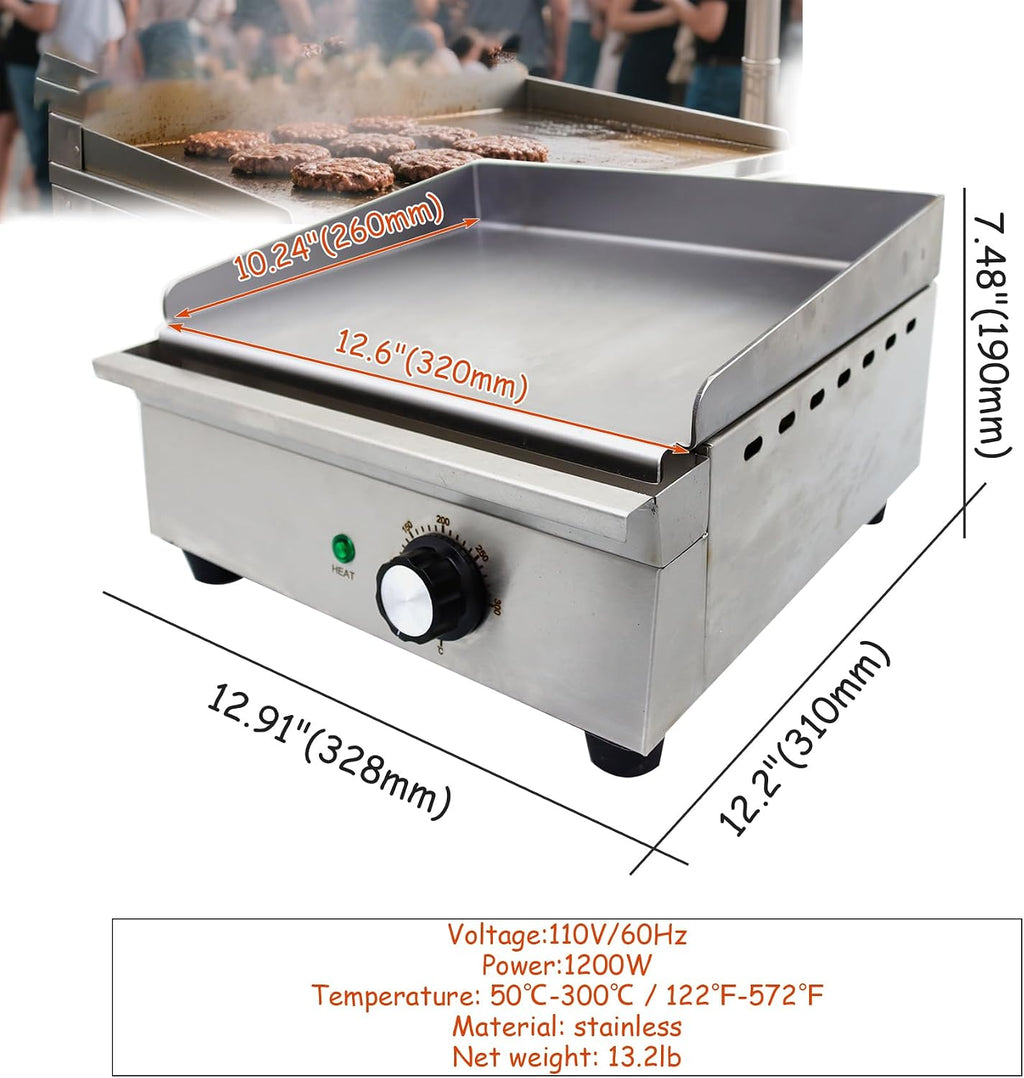 INTSUPERMAI Commercial Grill Griddle Teppanyaki Grill Countertop Griddle Flat Top Grill Hot Plate Stove with 12.6×10.24in/320×260mm Plate Size 50℃-300℃ Temperature Adjustable 110V 1200W
