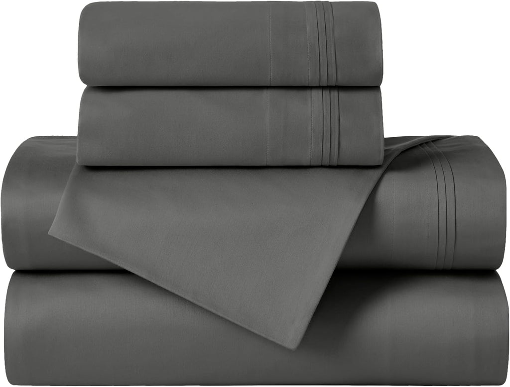 Superior Egyptian Cotton 4 Piece Sheet Set, 650 Thread Count, Modern Design, Sustainable Sheets, Ultra-Soft Basics, Solid, Deep Pocket Fitted Sheet, Flat Sheet, Pillowcases, King, Grey