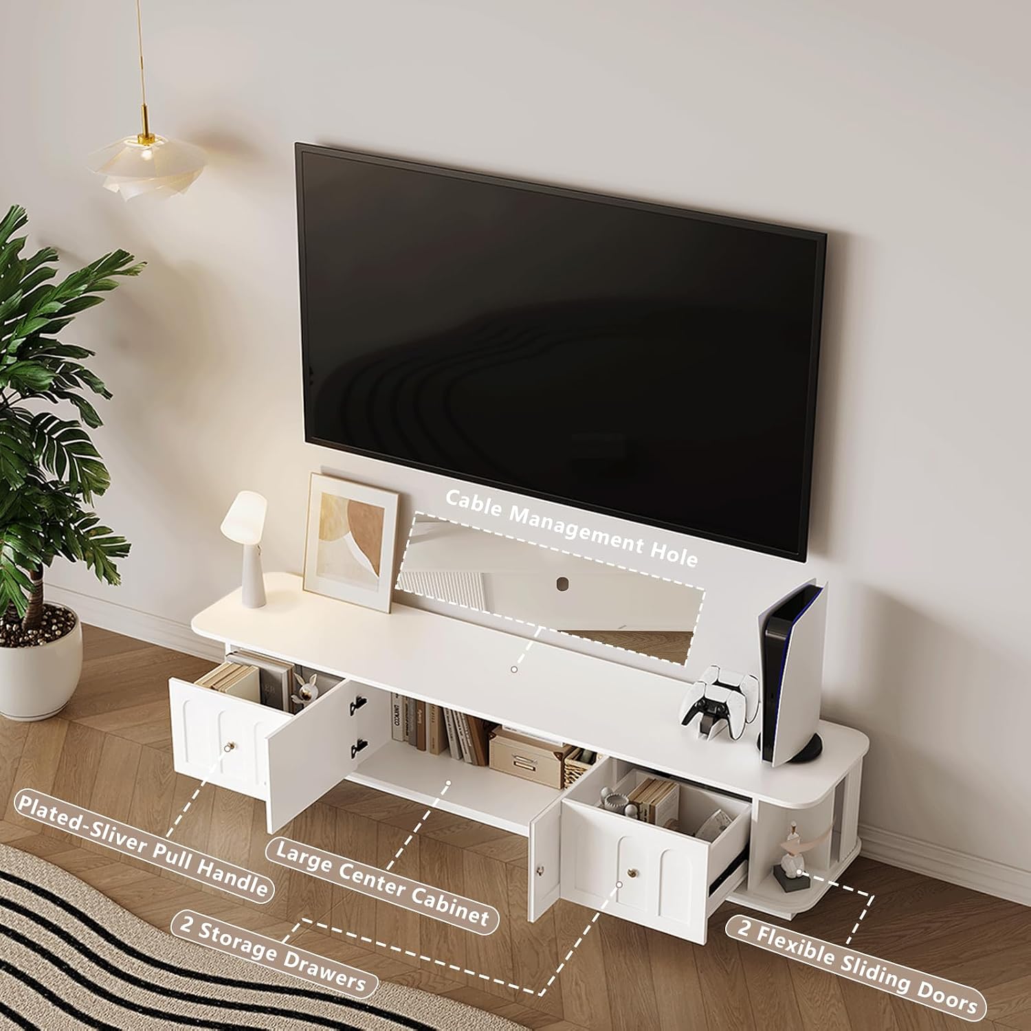 White TV Stand for 65/75/85 inch TVs, Modern Entertainment Center with Storage Cabinets, 2 Drawers & 2 Open Shelves with Sliding Doors, Media Console with Cable Management for Living Room/Bedroom