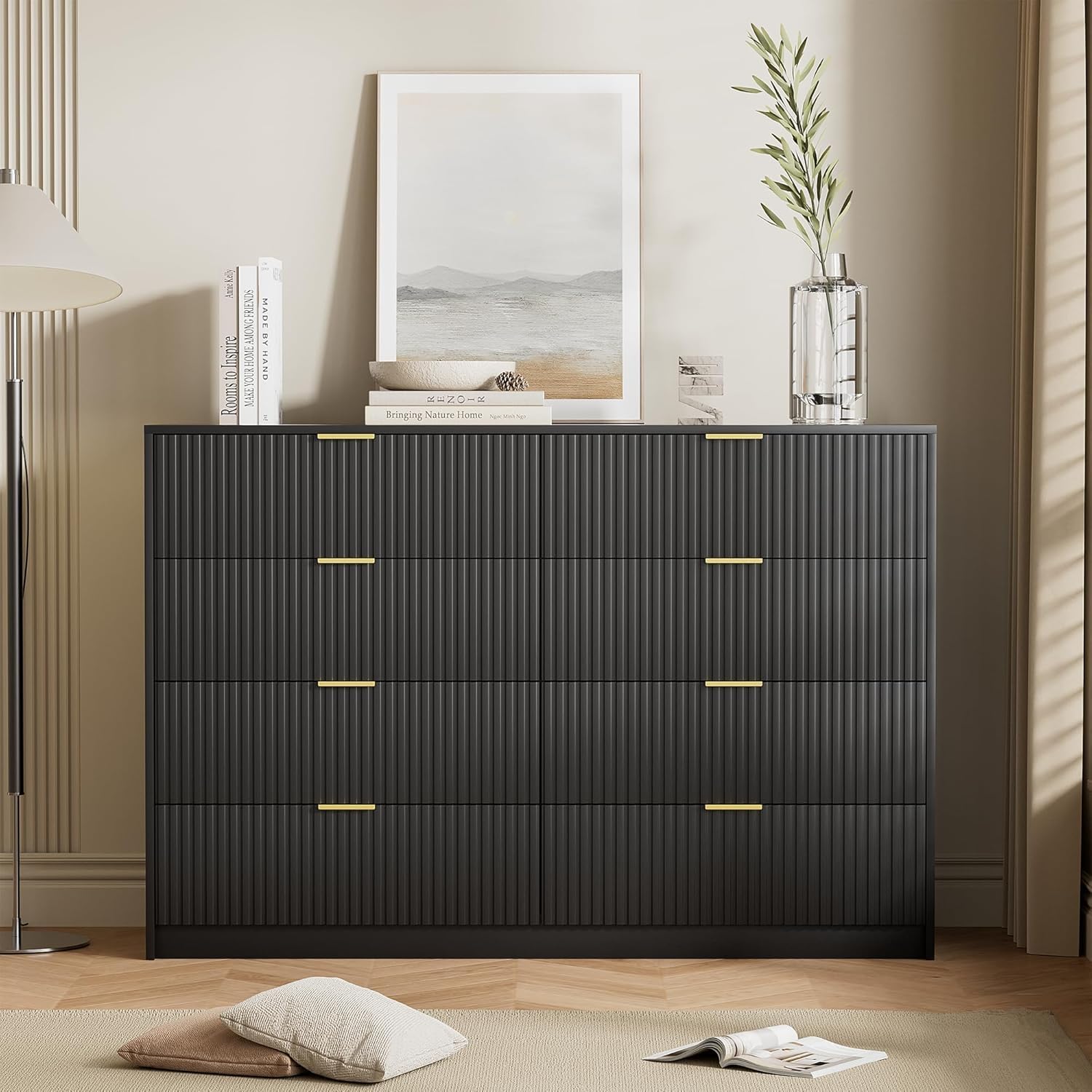 Furniway Black Dresser for Bedroom, 8 Drawer Wide Dresser with Smooth Slides, Modern Chest of Drawers with Gold Handles, Wood Storage Organizer for Closet