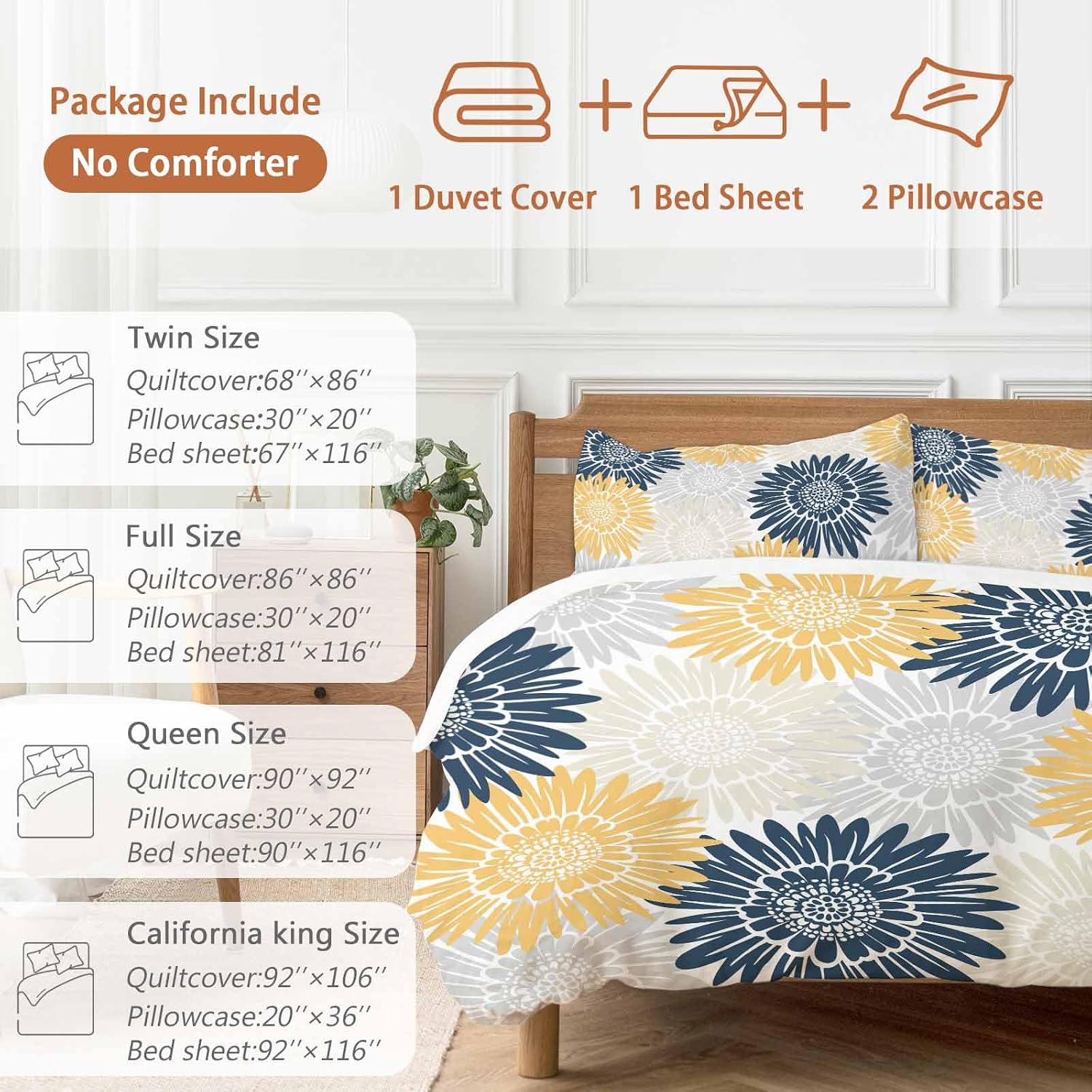 Navy Blue Gray Yellow Sunflowers Duvet Cover Set Queen Size 4 Pieces Abstract Blooming Floral Bedding Set with Zipper Closure, 1 Comforter Cover 92x106 Inches 1 Flat Sheet & 2 Pillow Cases