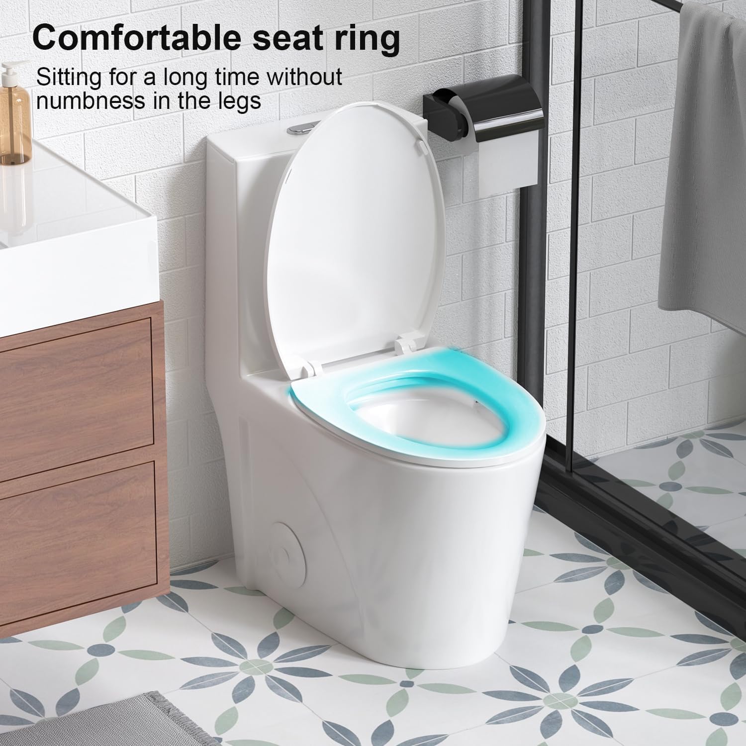 Elongated One Piece Toilet with Comfort Chair Seat ADA Height 17.3' Modern Toilet for Bathroom, Dual Flush 0.8/1.6 GPF and MAP 1000g, 12' Rough-In, Soft Closing Seat, Glossy White