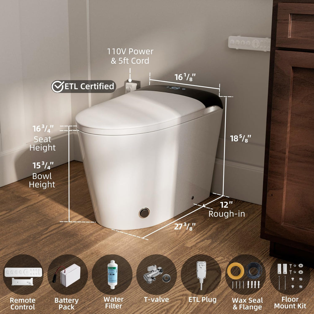 E5D Smart Toilet with Bidet, Built-In Water Tank, Battery Backup Flush, Foot Kick Flush, Instant Warm Water, Heated Seat, Warm Air Dryer, Night Light, Side Panel Control & Remote, ETL Plug