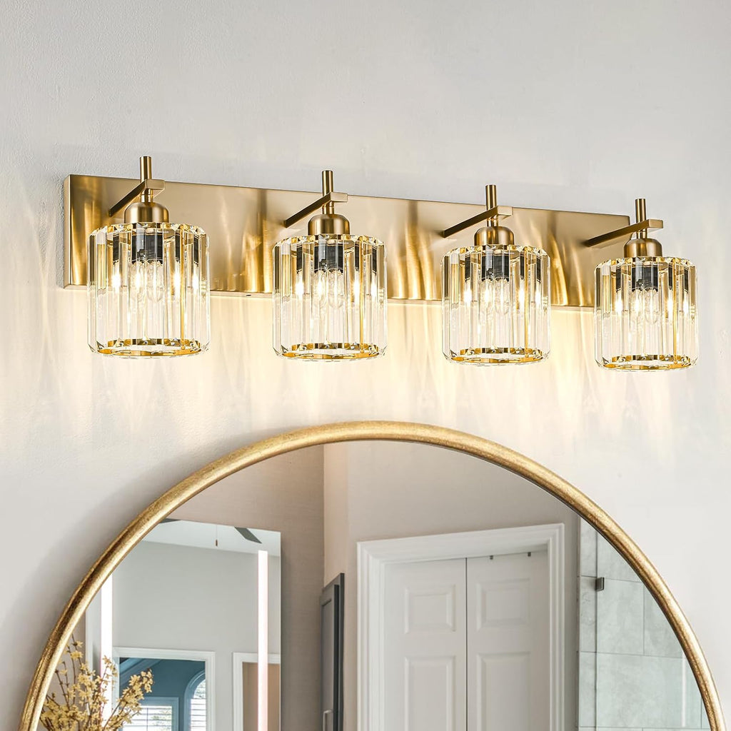 Modern Crystal Bathroom Vanity Lights, Gold 4-Lights Bathroom Light Fixtures Over Mirror, Crystal Wall Lighting with Polished Gold Finish