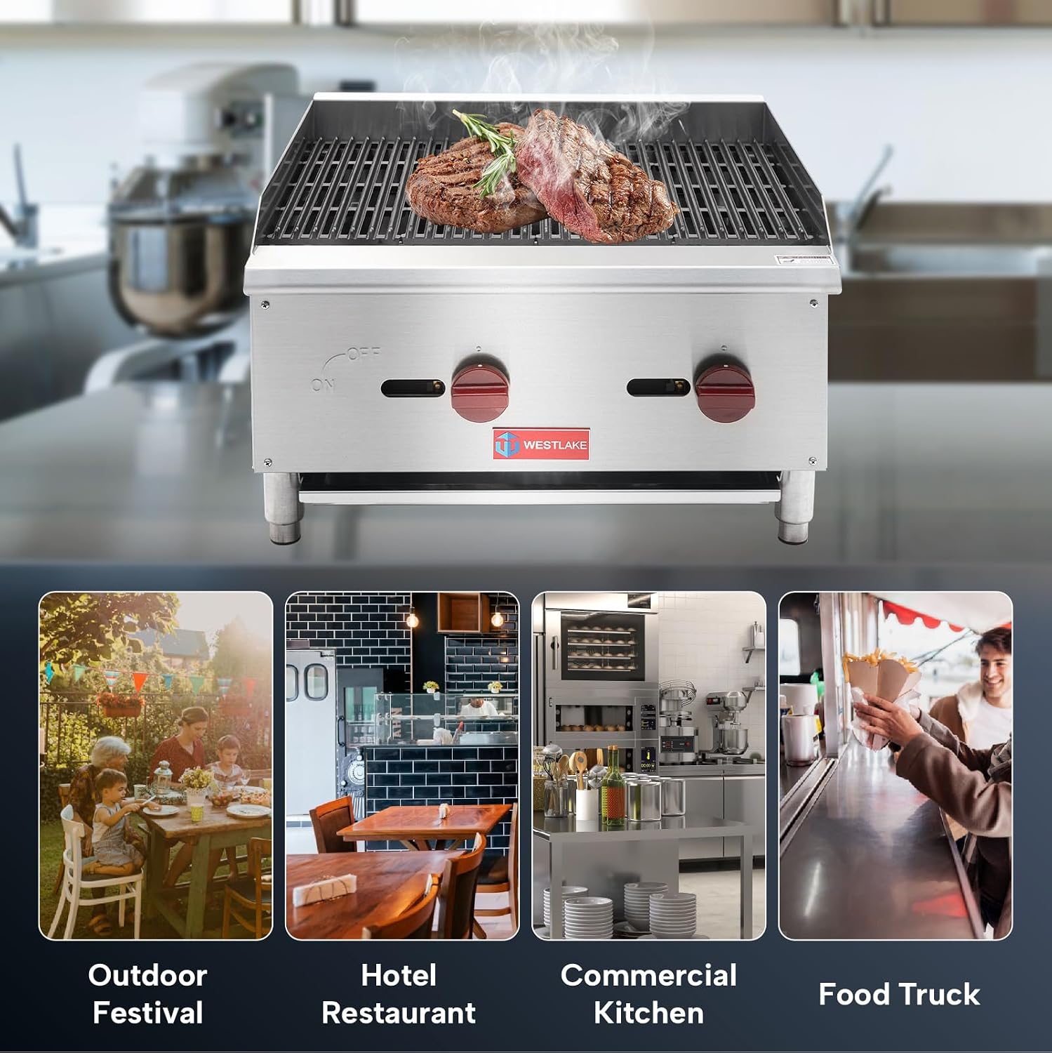 WESTLAKE 24'W Commercial Charbroiler Gas Countertop 2 Burner Natural Gas and Propane 60,000 BTU Char Broiler Stainless Steel BBQ Stove Grill for Restaurants