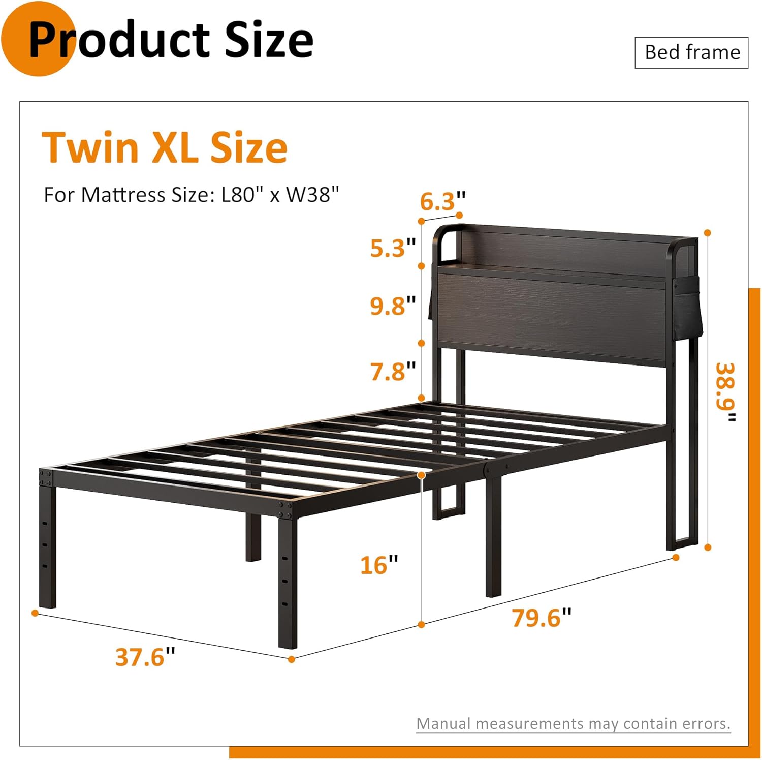 Maenizi 16 Inch Twin XL Bed Frames with Headboard, Metal Bed Frame Twin XL Storage Wood Headboard No Box Spring Needed, Noise Free, Black