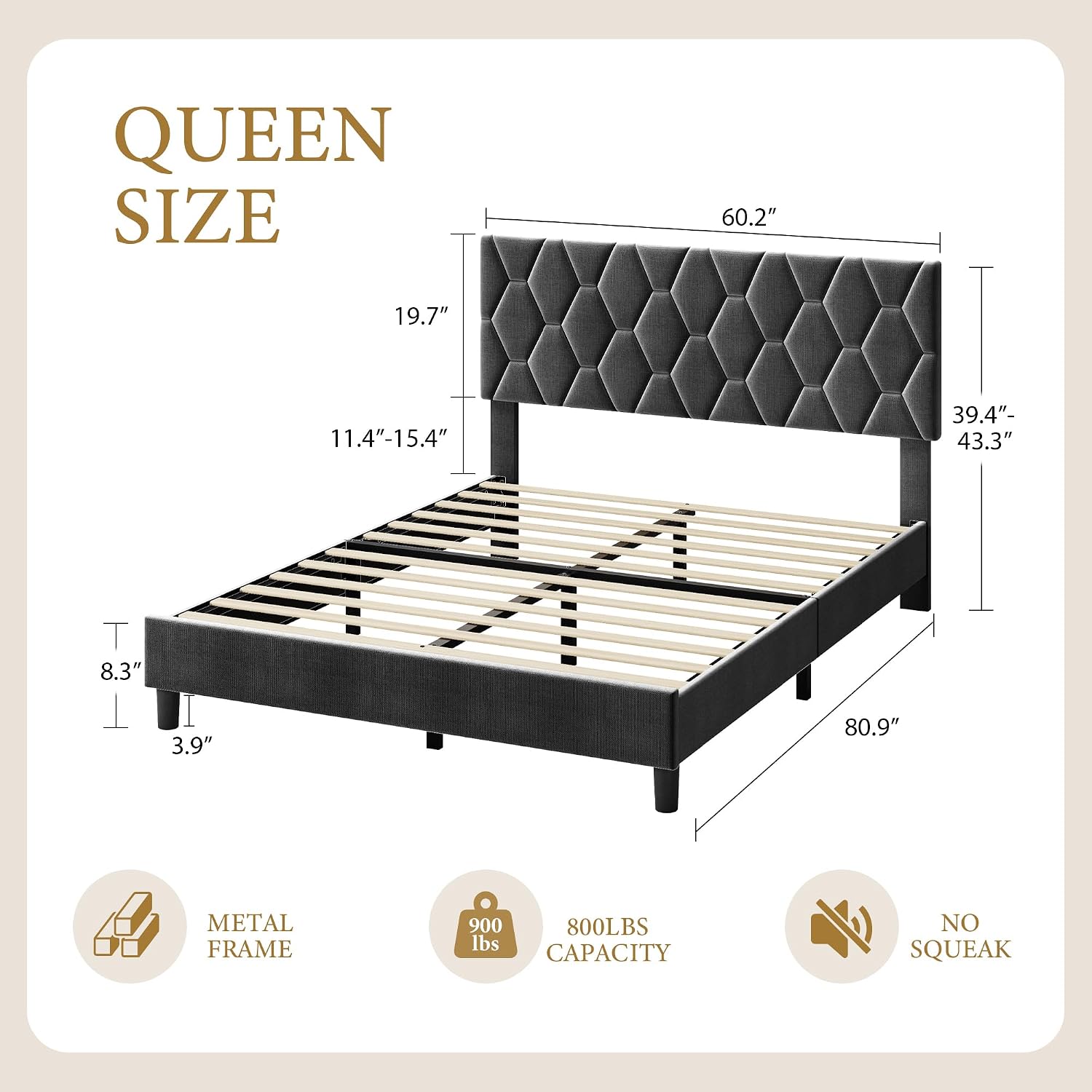 GarveeHome Queen Bed Frame with Upholstered Headboard, Heavy-Duty Platform Bed Frame with Strong Wood Slats, No Box Spring Needed/Noise Free/Easy Assembly, Gray