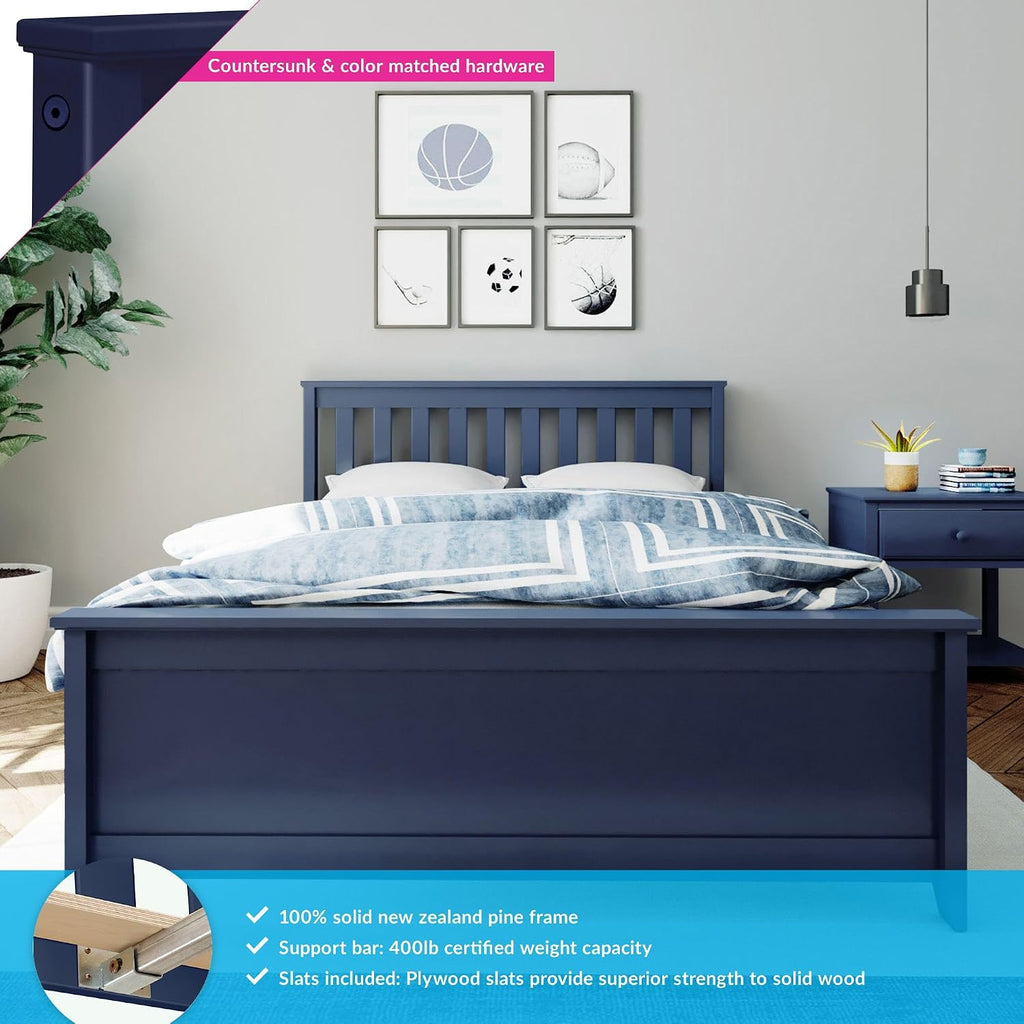 Max & Lily Full Size Bed Frame with Slatted Headboard, Solid Wood Platform Bed for Kids, No Box Spring Needed, Easy Assembly, Blue