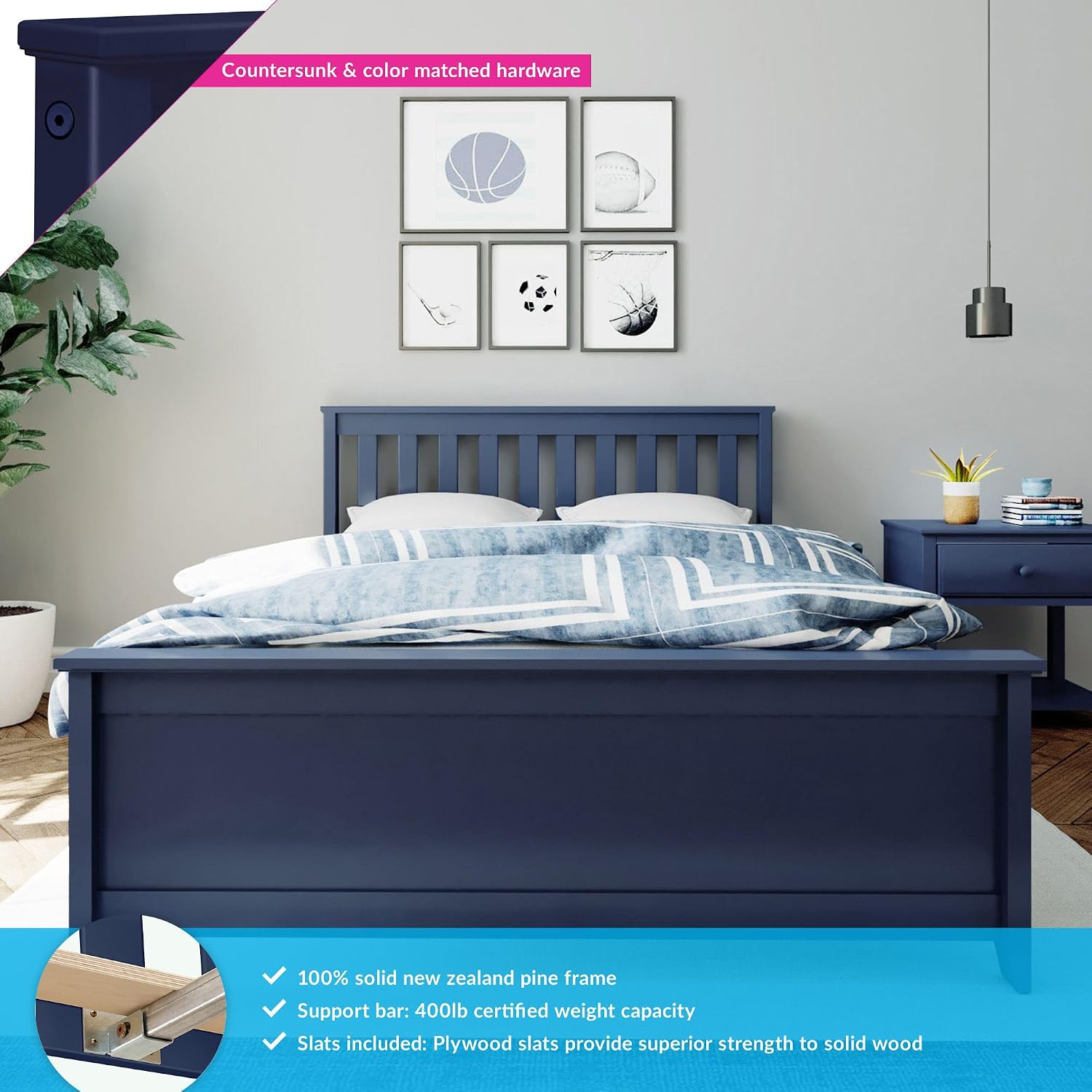 Max & Lily Full Size Bed Frame with Slatted Headboard, Solid Wood Platform Bed for Kids, No Box Spring Needed, Easy Assembly, Blue