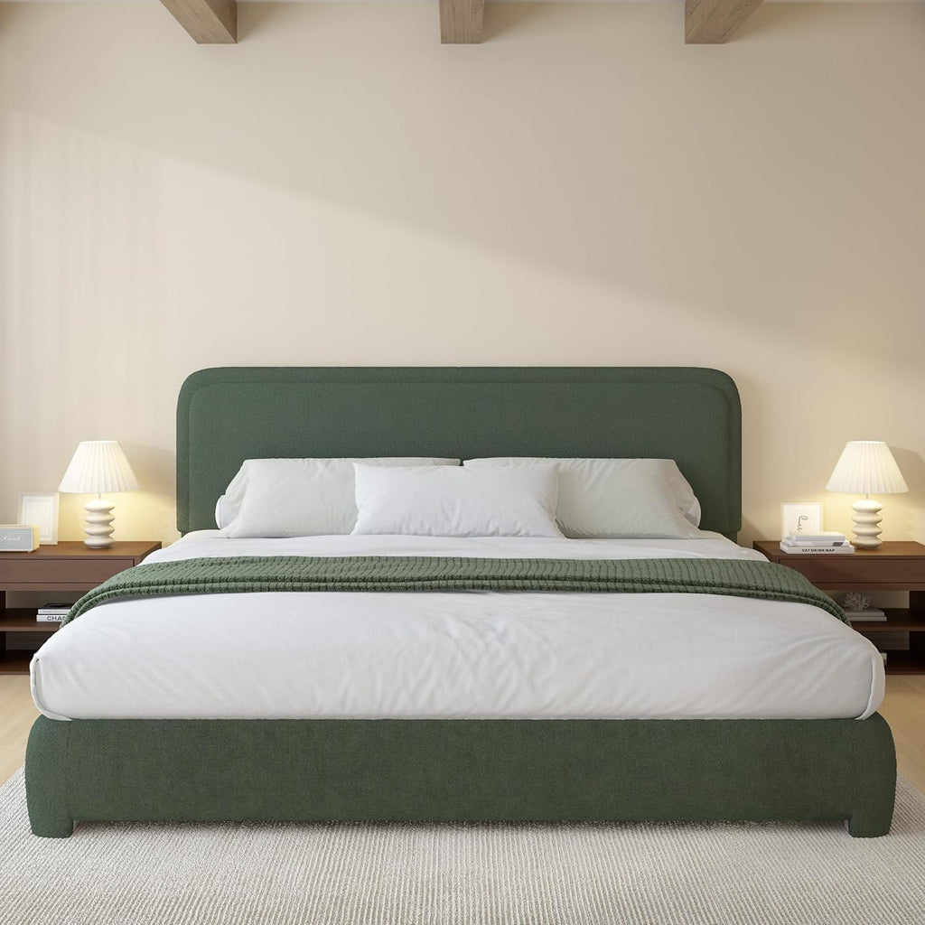 BarnFurin King Size Boucle Bed Frame and Headboard, Cloud Upholstered Platform Bed Frame, Soft Rounded Corners, No Box Spring Required, Non-Slip and Noise-Free, Easy Assembly, Green