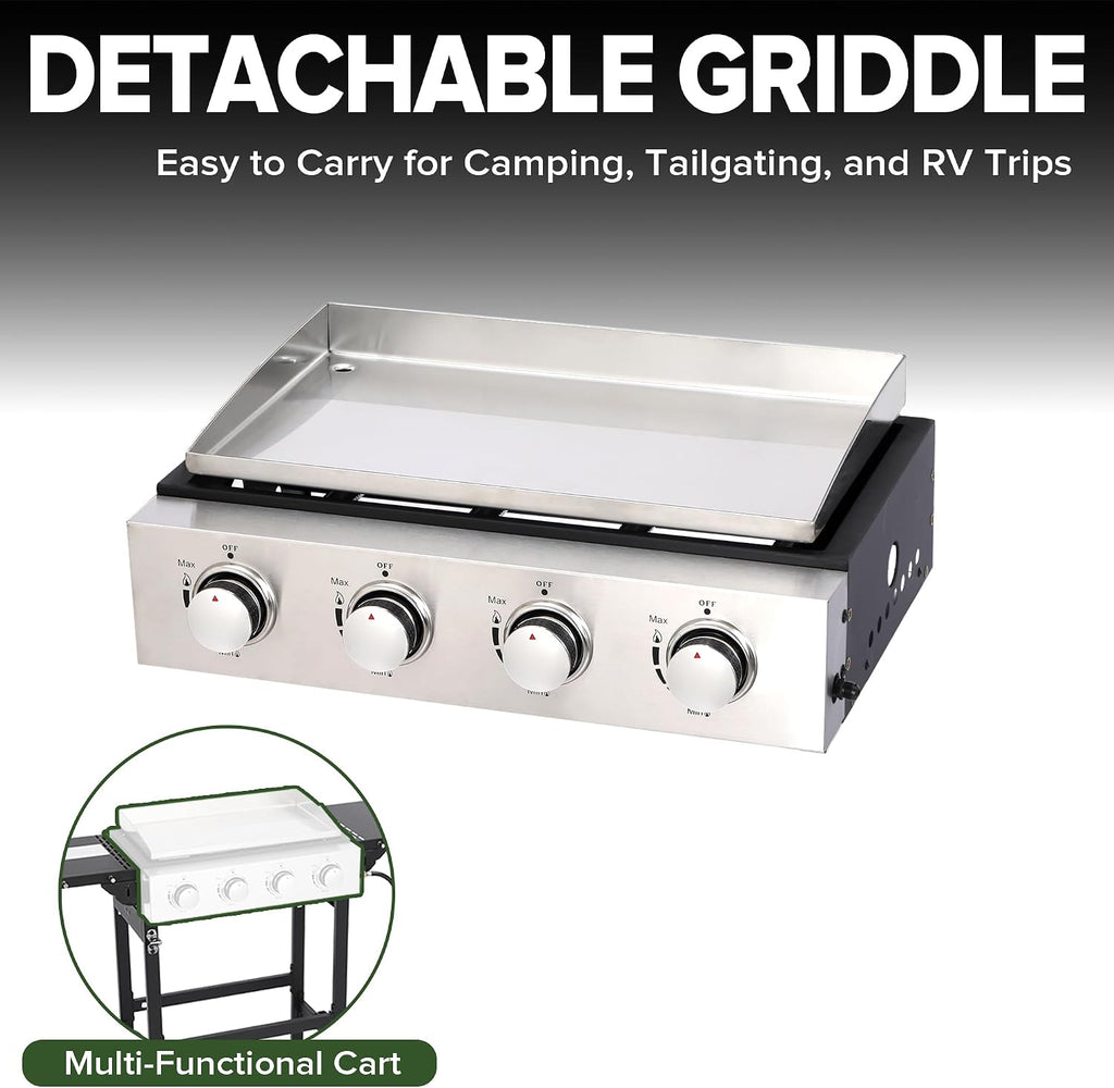 4-Burner Flat Top Grill with Folding Side Tables, Outdoor Griddle Grill with Storage Cover, 40,000 BTU Flat Grill with Stainless Steel Cooking Surface for BBQ, Camping, Tailgating
