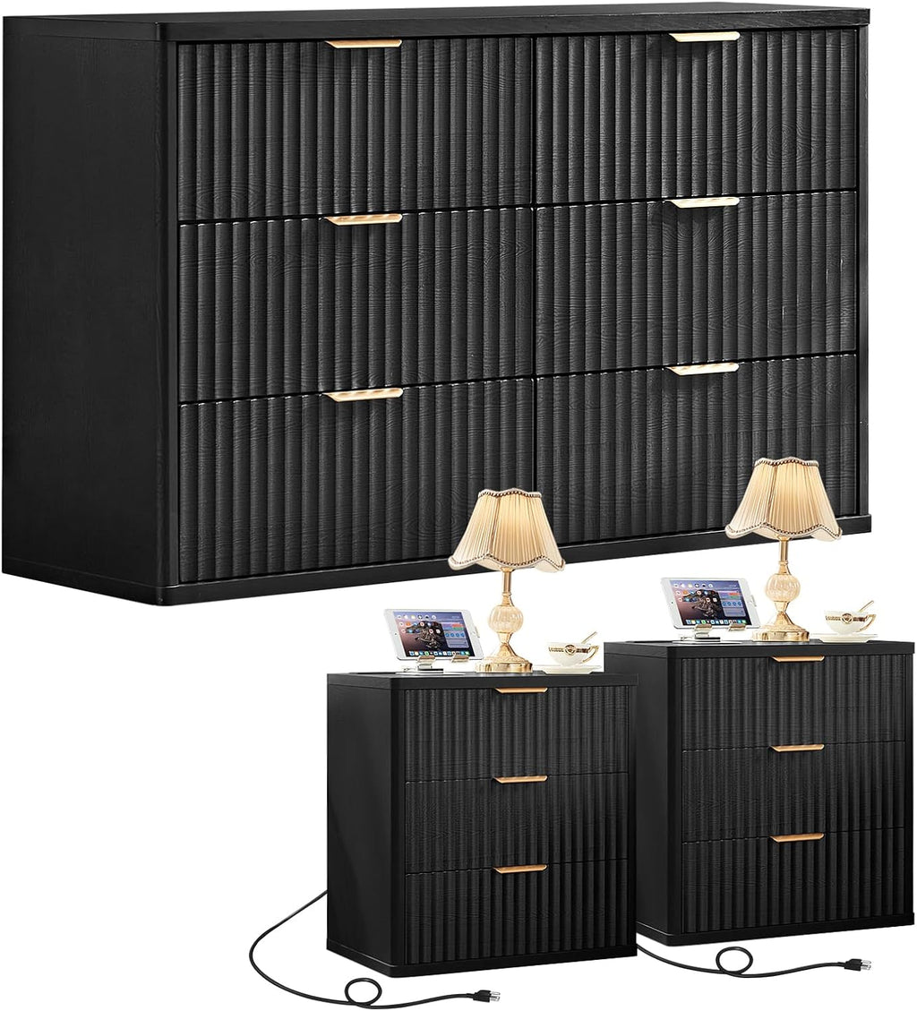 LEYAOYAO Fluted Dresser and 3 Drawers Nightstand Set of 2, Wood 48' Wide Dresser & 23' Night Stand with Charging Station, 3 Piece Bedroom Furniture Set, Chest of Drawers for Home,Living Room,Black