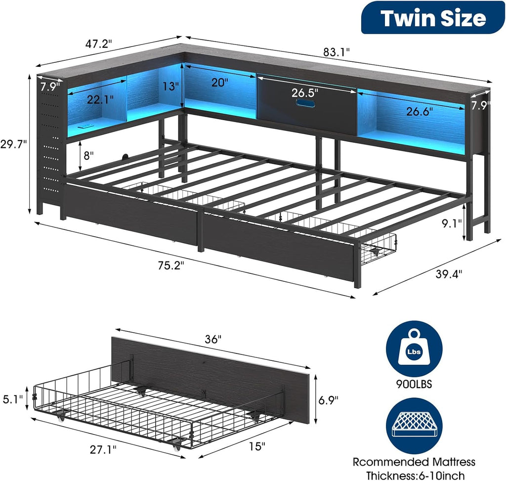 Corner Twin Bed Frame with Storage Drawer & Bookcase Headboard, Twin Size Metal Platform Bed Frame with Charging Station and LED Light, Twin Daybed Multi-Storage for Kids Teens Guest, Black
