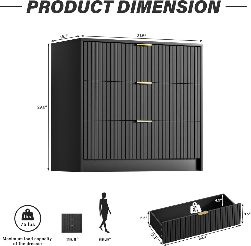 Furniway Black Dresser for Bedroom, Modern Dresser with 3 Drawers and Smooth Slides, Wide Chest of Drawers with Golden Handles for Bedroom, Living Room, Closet, 15.7' D x 31.5' W x 29.6' H