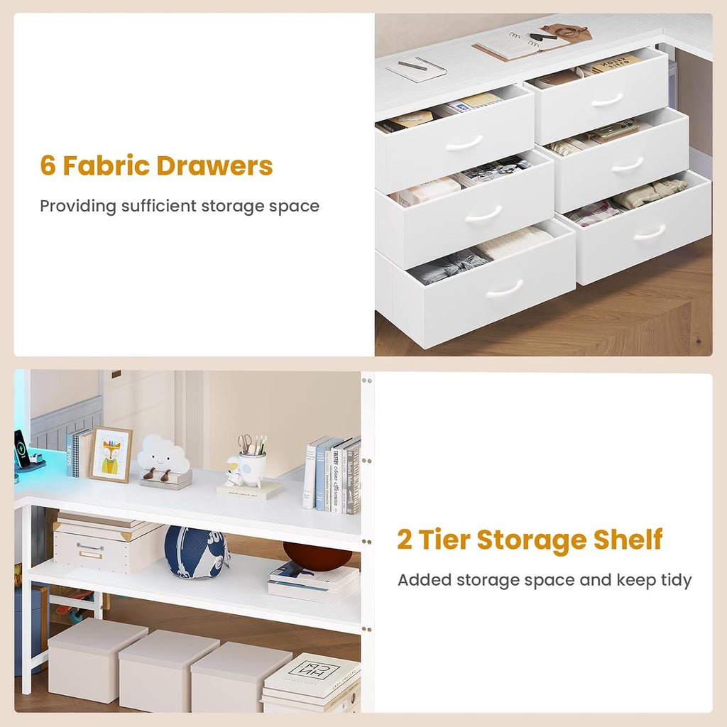 ADORNEVE Loft Bed Full Size with U-Shaped Desk, 6 Storage Drawers, Power Outlet, LED Metal Loft Bed with 2 Storage Shelves, Bed with Safety Guardrail & Ladders,Space-Saving,White