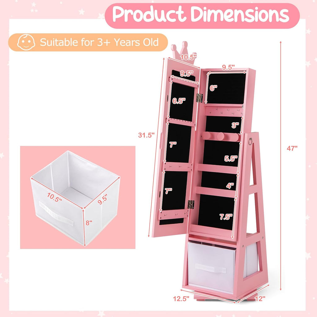 Costzon Kids Vanity & Jewelry Armoire Cabinet, Kids Makeup Vanity Table and Chair Set, 360° Swivel Standing Jewelry Organizer with Full-Length Mirror, Kids Bedroom Furniture Set for Girls (Pink)