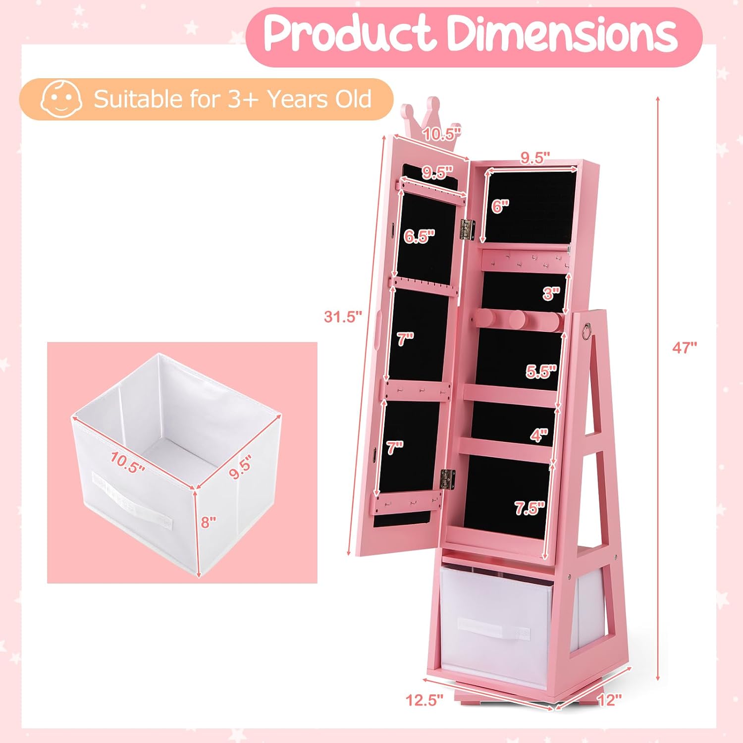 Costzon Kids Vanity & Jewelry Armoire Cabinet, Kids Makeup Vanity Table and Chair Set, 360° Swivel Standing Jewelry Organizer with Full-Length Mirror, Kids Bedroom Furniture Set for Girls (Pink)