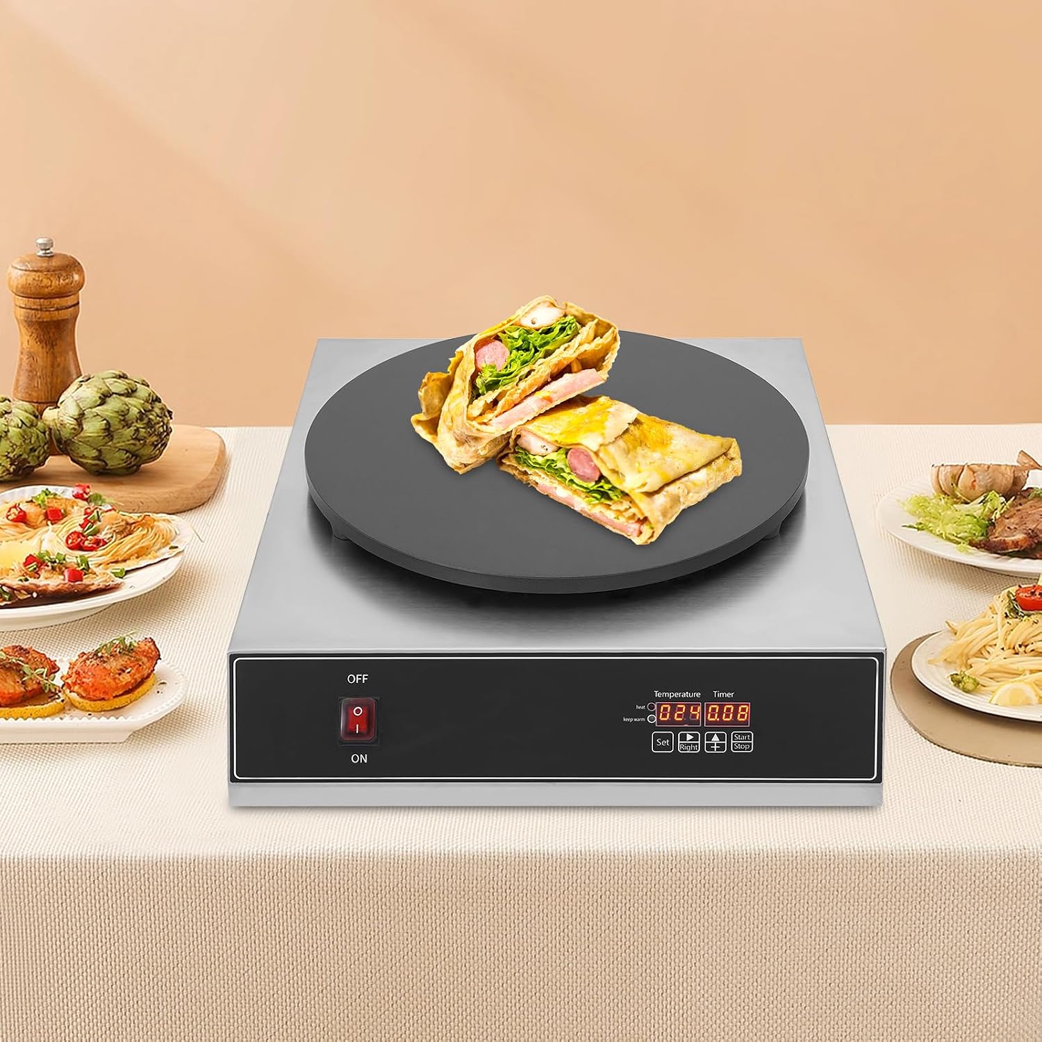 1650W Electric Crepe Maker, 15.74Inch Pancake Making Machine wiith Digital Display, Stainless Steel Non-Stick Round Crepe Griddle with Temp Control