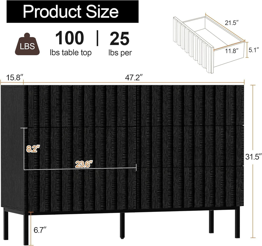 UEV 3 Piece Dresser and Nightstand Sets for Bedroom, 47' Wide 6 Drawer Dresser & Nightstand Set of 2, Mid Century Modern Fluted Wooden Dressers Set, Bedroom Furniture Set (Black)
