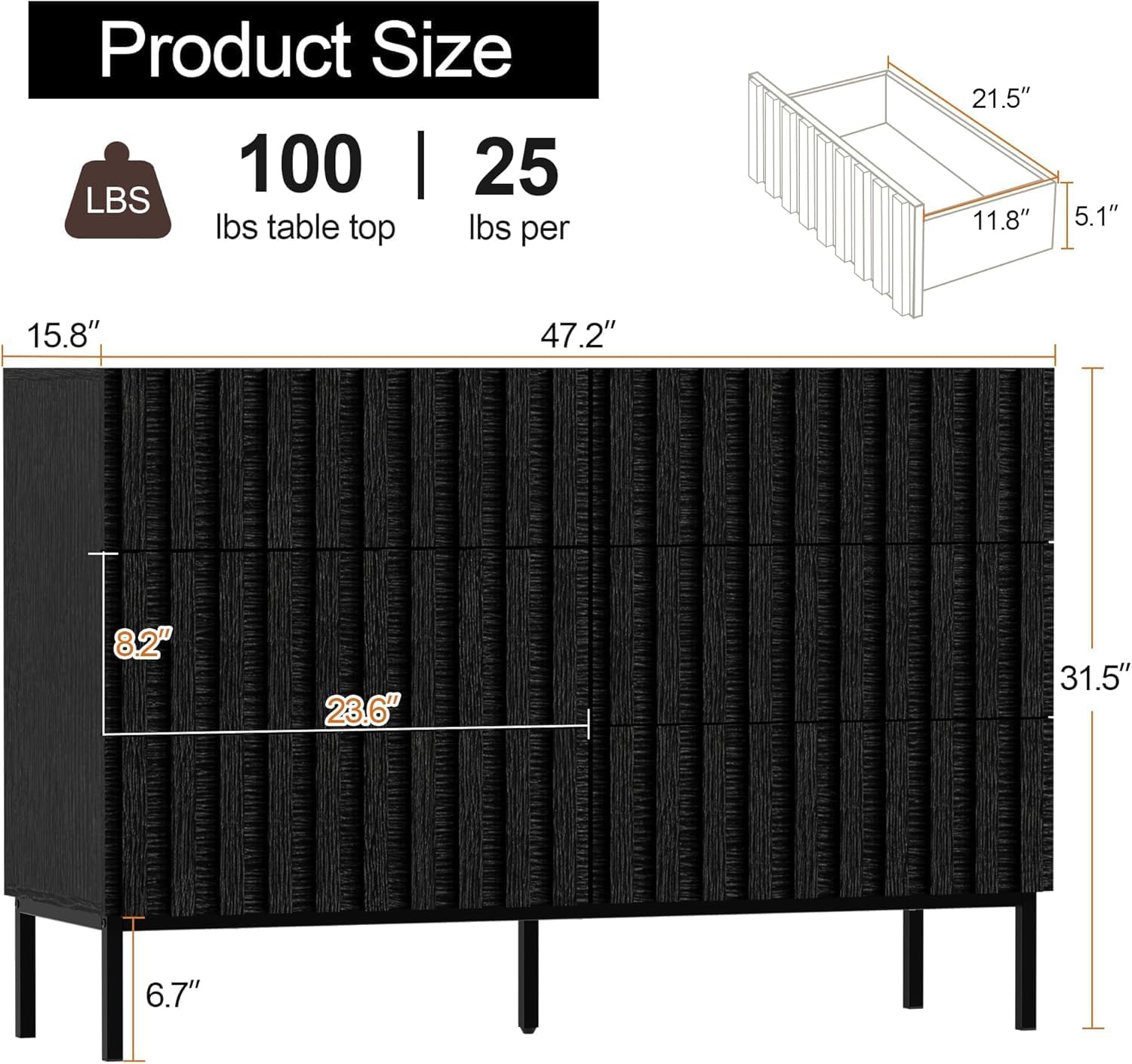 UEV 3 Piece Dresser and Nightstand Sets for Bedroom, 47' Wide 6 Drawer Dresser & Nightstand Set of 2, Mid Century Modern Fluted Wooden Dressers Set, Bedroom Furniture Set (Black)