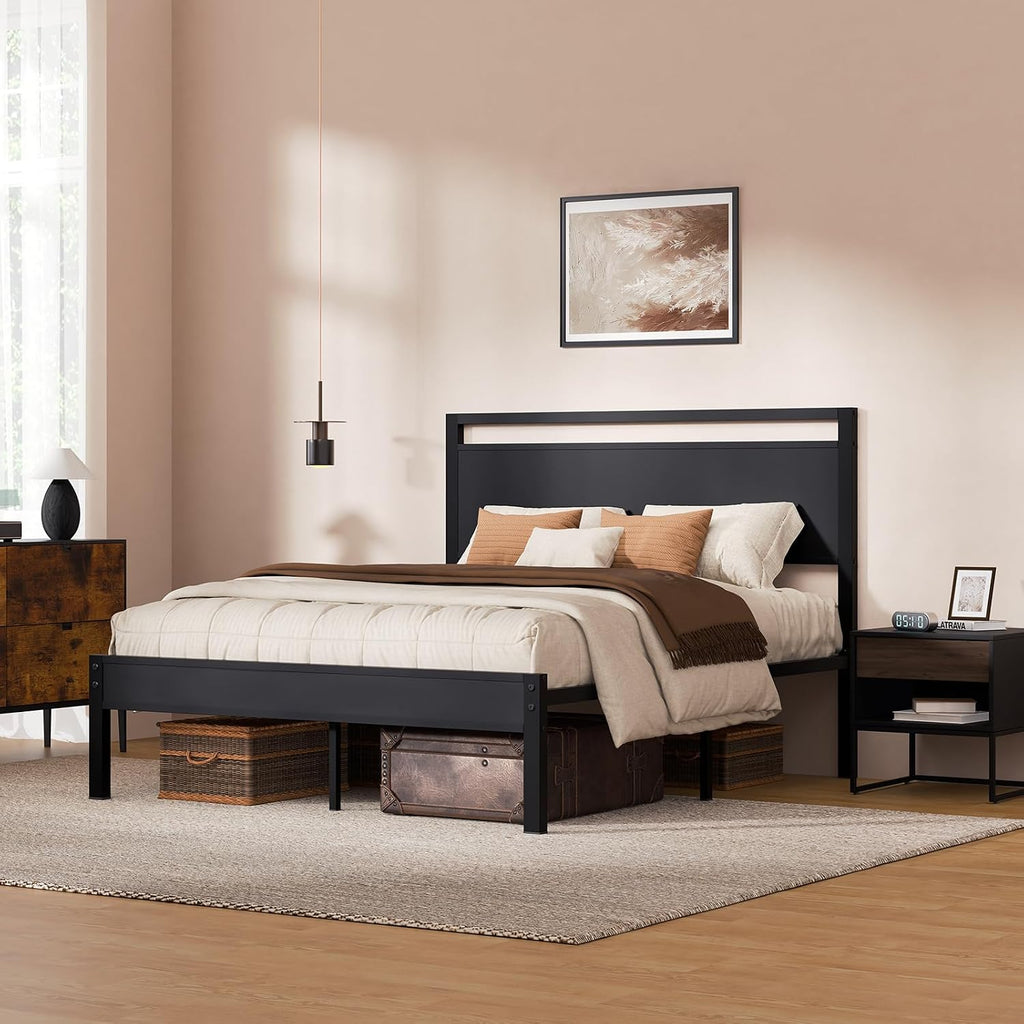 Easy to Assemble Queen Bed Frame with Wood Headboard & Footboard, Tool-Free Metal Platform Bed Frame, Upgraded Heavy Duty Sturdy Foundation, No Noise, No Box Spring Needed,Large Under Storage, Black