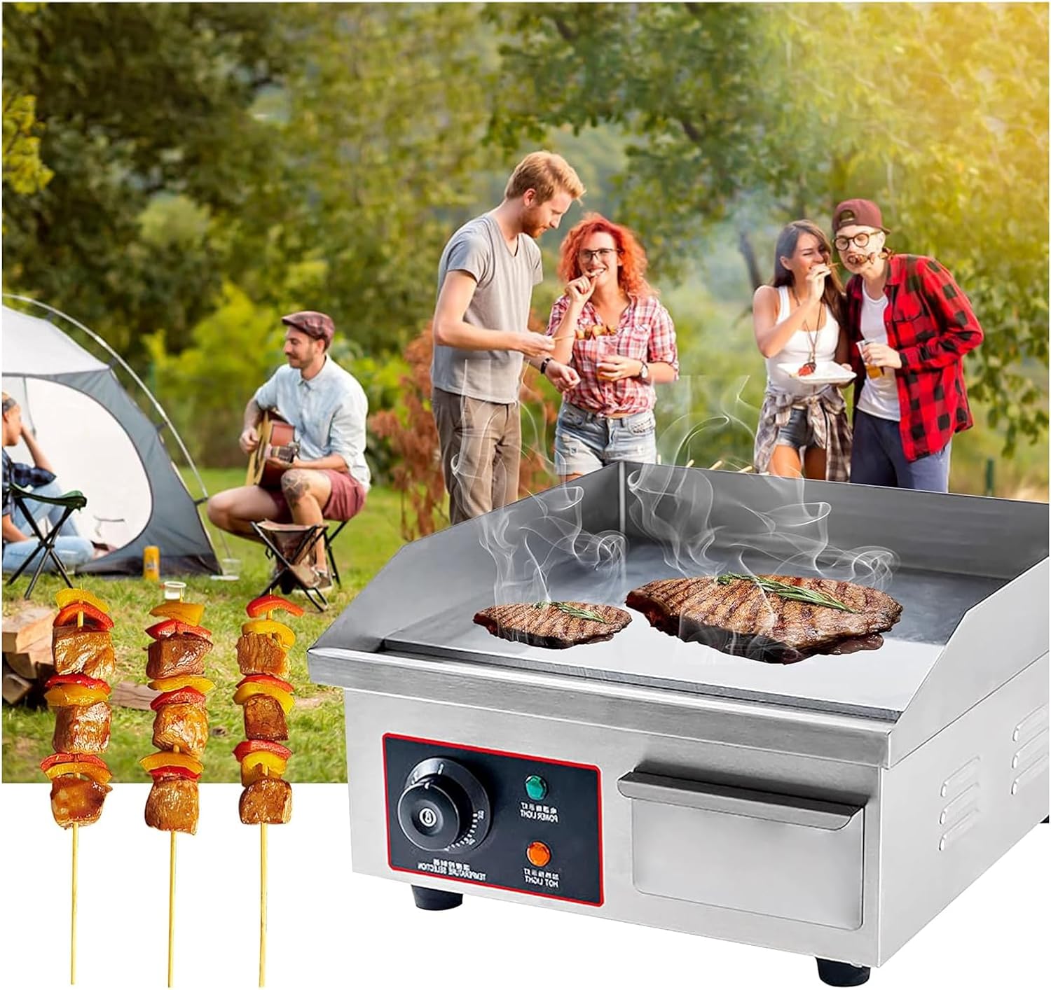 Commercial Electric Countertop, Electric Griddle Grill Nonstick Tabletop Hot Flat Griddle Home BBQ Flat Top with Adjustable Thermostatic Control Stainless Steel Restaurant Grill