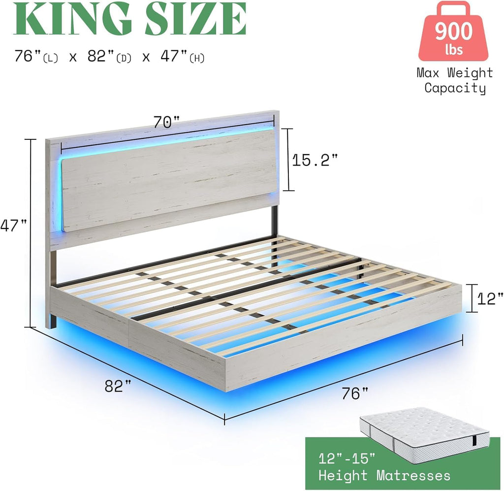 AMERLIFE King Floating Bed Frame, Farmhouse Bed Frame with Recline Headboard, No Box Spring Needed/Noise Free, Platform Bed with LED Light, Distressed White