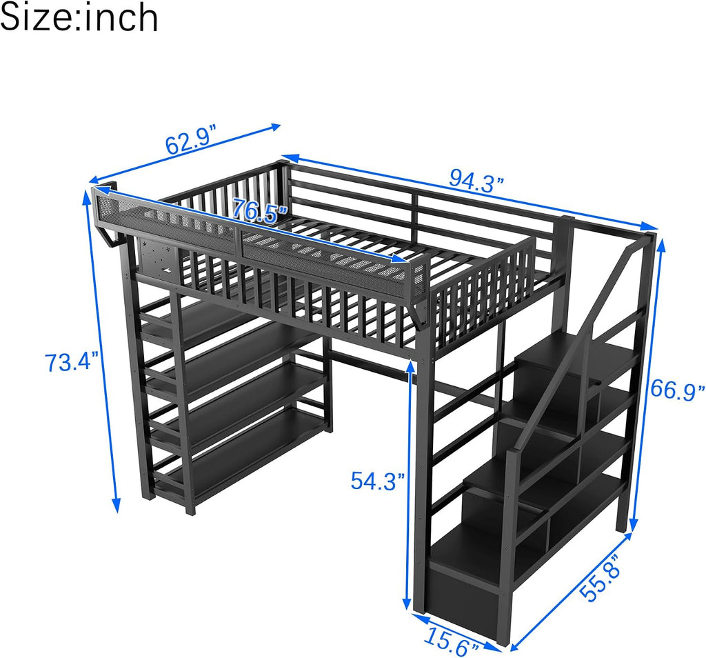 Full Size Metal Loft Bed with RGB Lights and Charging Station,High Loft Beds with 4 Shelf Bookcase and Storage Stairs,Heavy Duty Bed Frame with High Guardrail for Kids Teens,Black