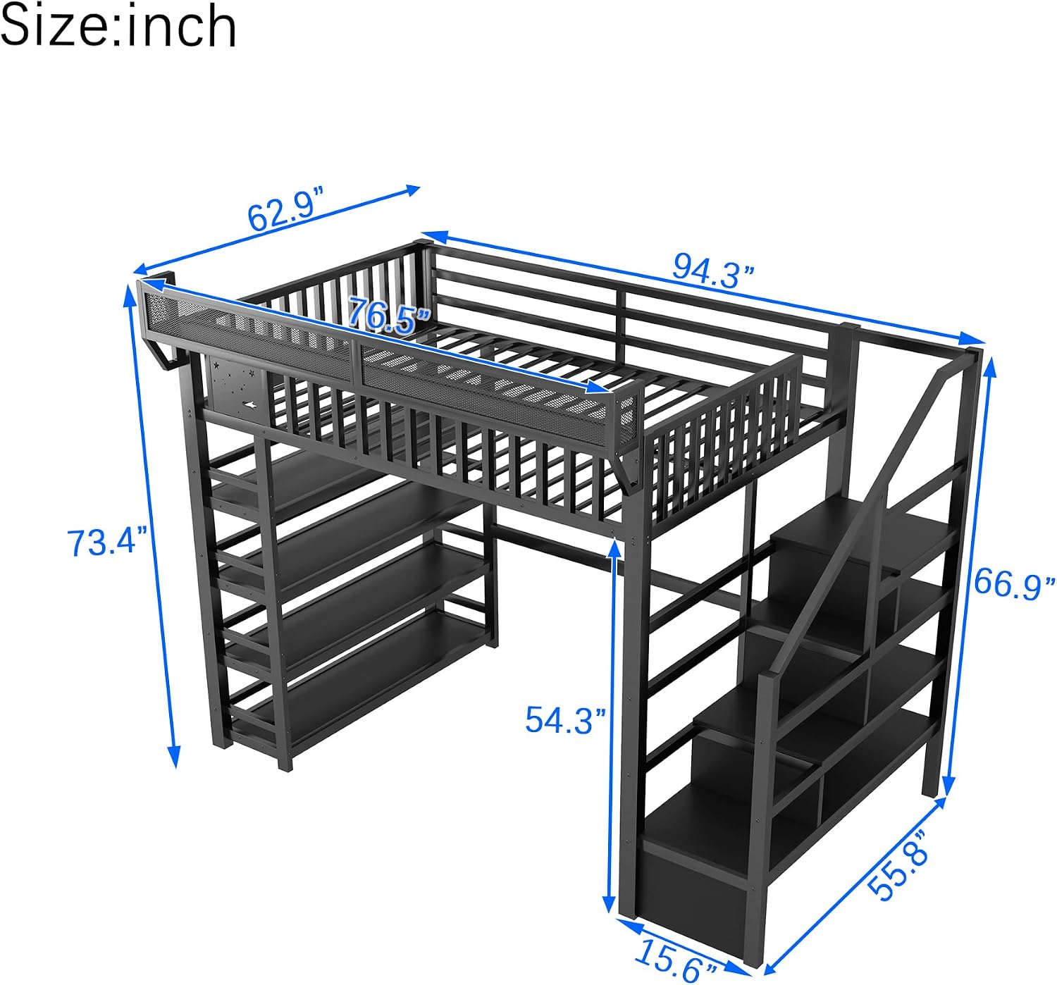 Full Size Metal Loft Bed with RGB Lights and Charging Station,High Loft Beds with 4 Shelf Bookcase and Storage Stairs,Heavy Duty Bed Frame with High Guardrail for Kids Teens,Black