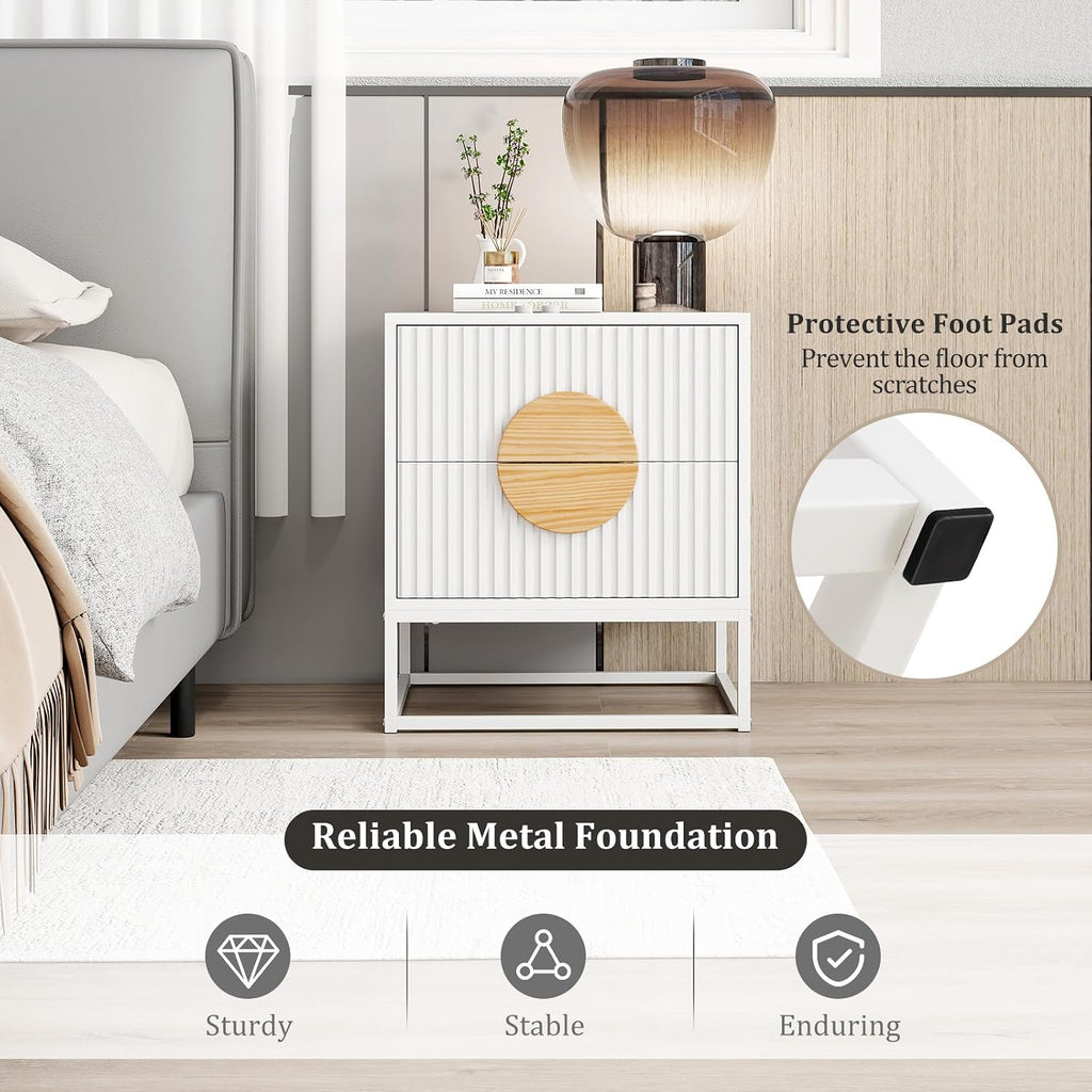 Giantex Fluted Nightstand with 2 Drawers Set of 2, White Wood Bedside Table with Natural Circle Handle & Metal Frame, Minimalist Accent End Table, Modern Mid Century Night Stand for Bedroom