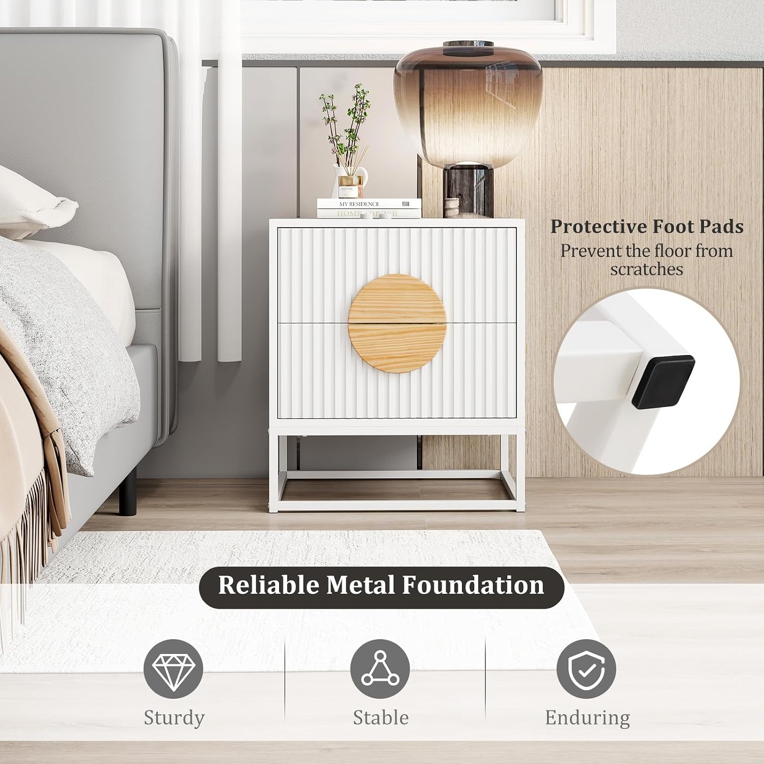 Giantex Fluted Nightstand with 2 Drawers Set of 2, White Wood Bedside Table with Natural Circle Handle & Metal Frame, Minimalist Accent End Table, Modern Mid Century Night Stand for Bedroom