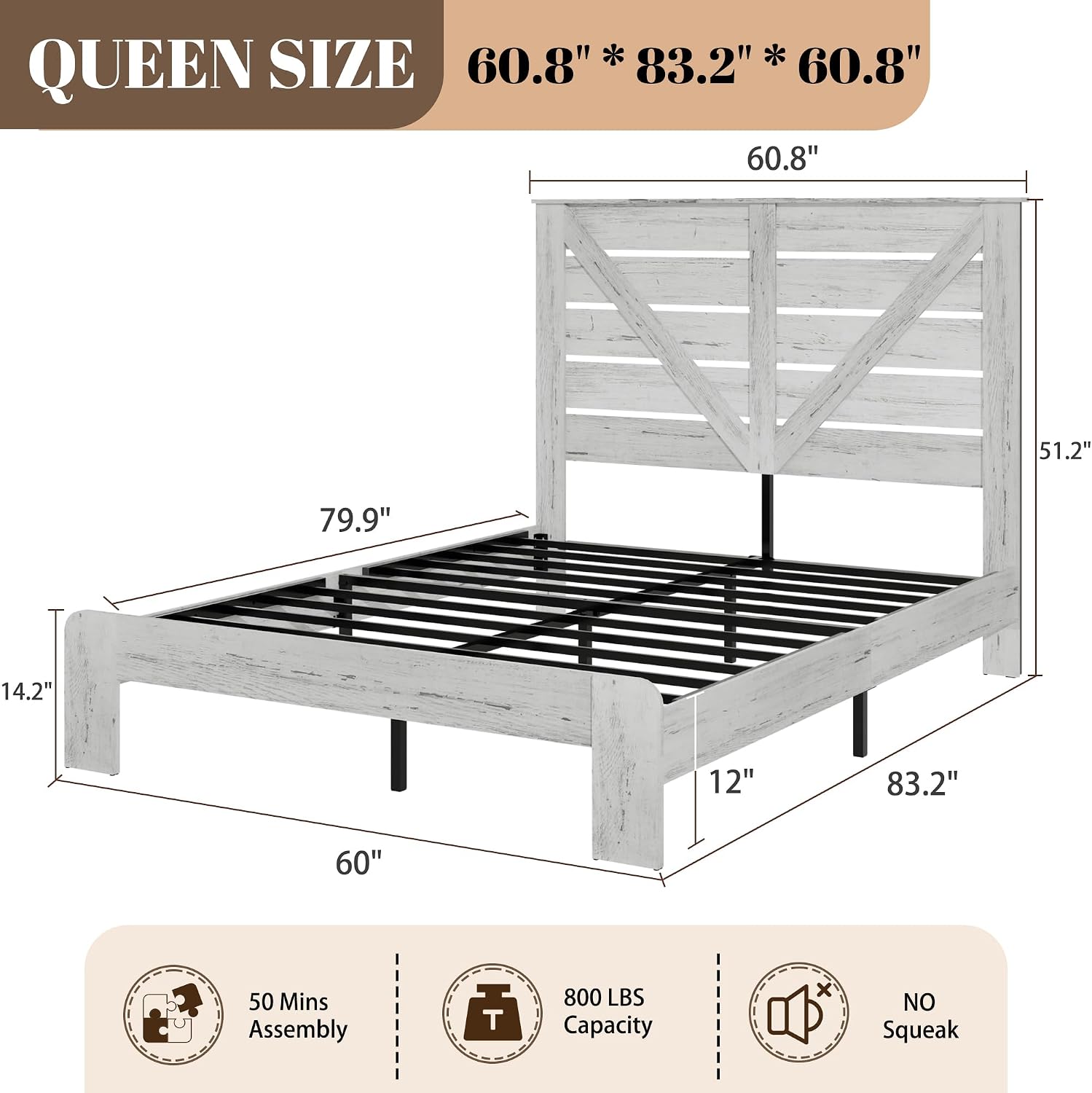 Queen Size Bed Frame with Headboard – Farmhouse Style Platform with LED Lights USB Charging No Box Spring Easy Assembly White Boho Bed Frame Modern Bedroom Sets (Boho White, Queen)