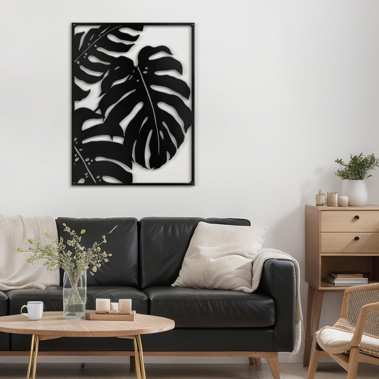 SIGNLEADER Metal Wall Art Decor Botanical Leaf Minimalist Modern Wall Sculpture Hangings Home Decoration for Living Room, Bedroom, Bathroom, Kitchen, Outdoor - 30' Black