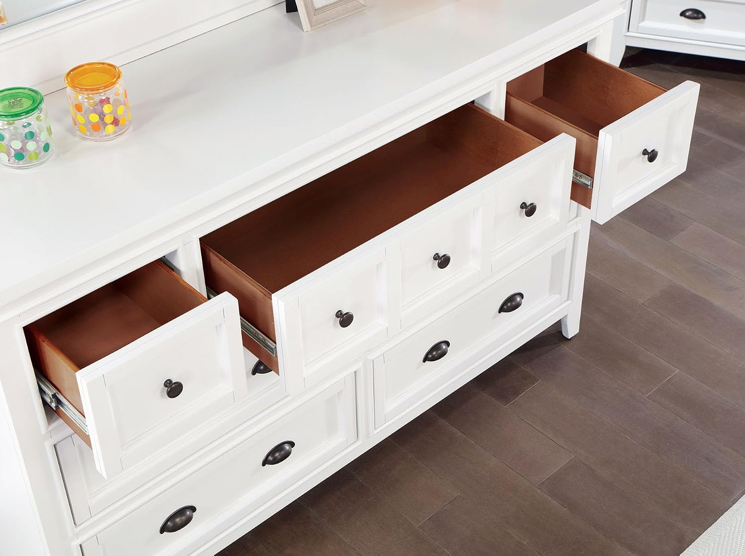 Furniture of America Zinnia Transitional Storage Wood 5-Piece Bedroom Set, Bed, Dresser, Mirror and 2 Nightstands, Twin, White