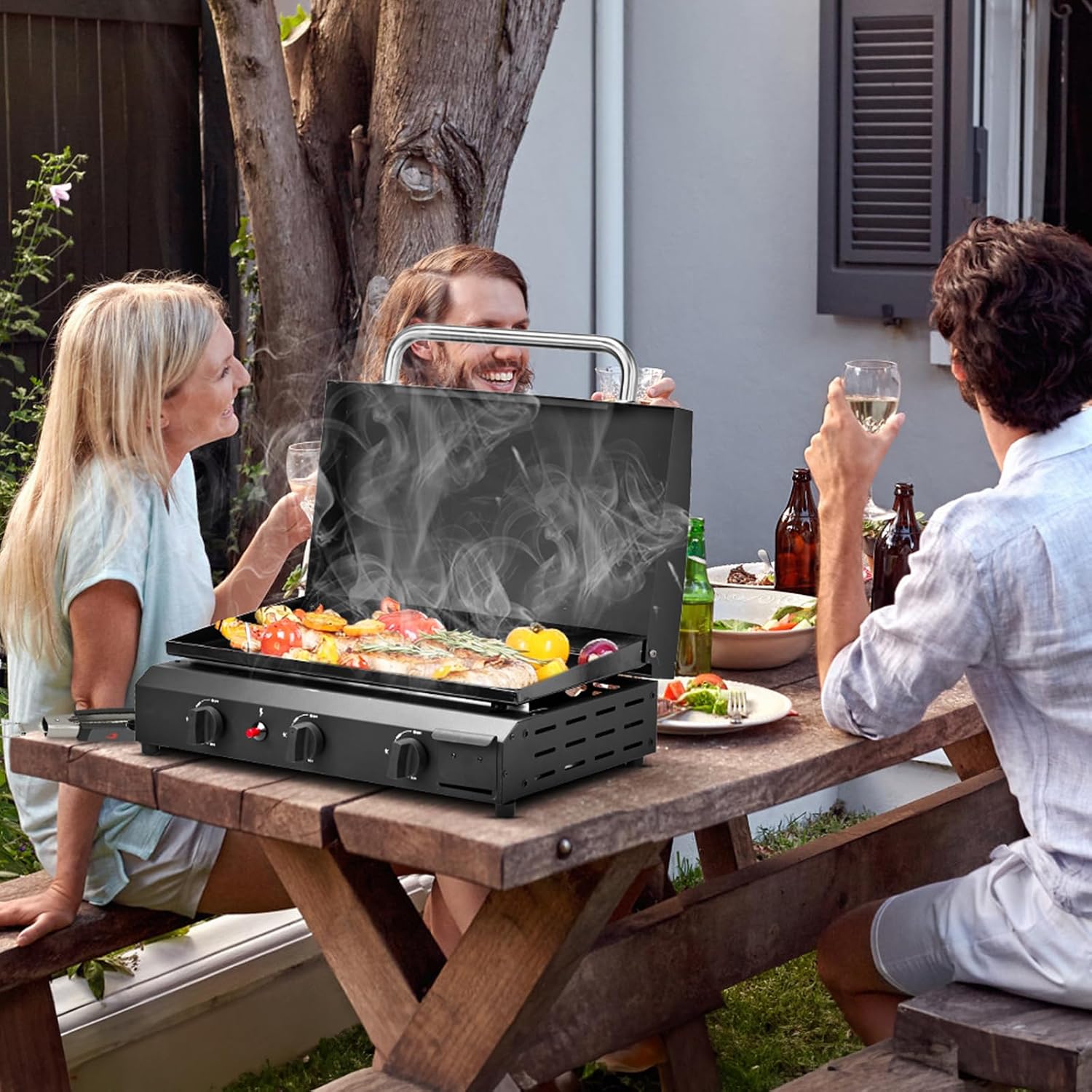 Premium Flat Top Gas Griddle Cooking Station with Ceramic-Coated Cast Iron Surface for Outdoor Barbecue and Backyard Cooking