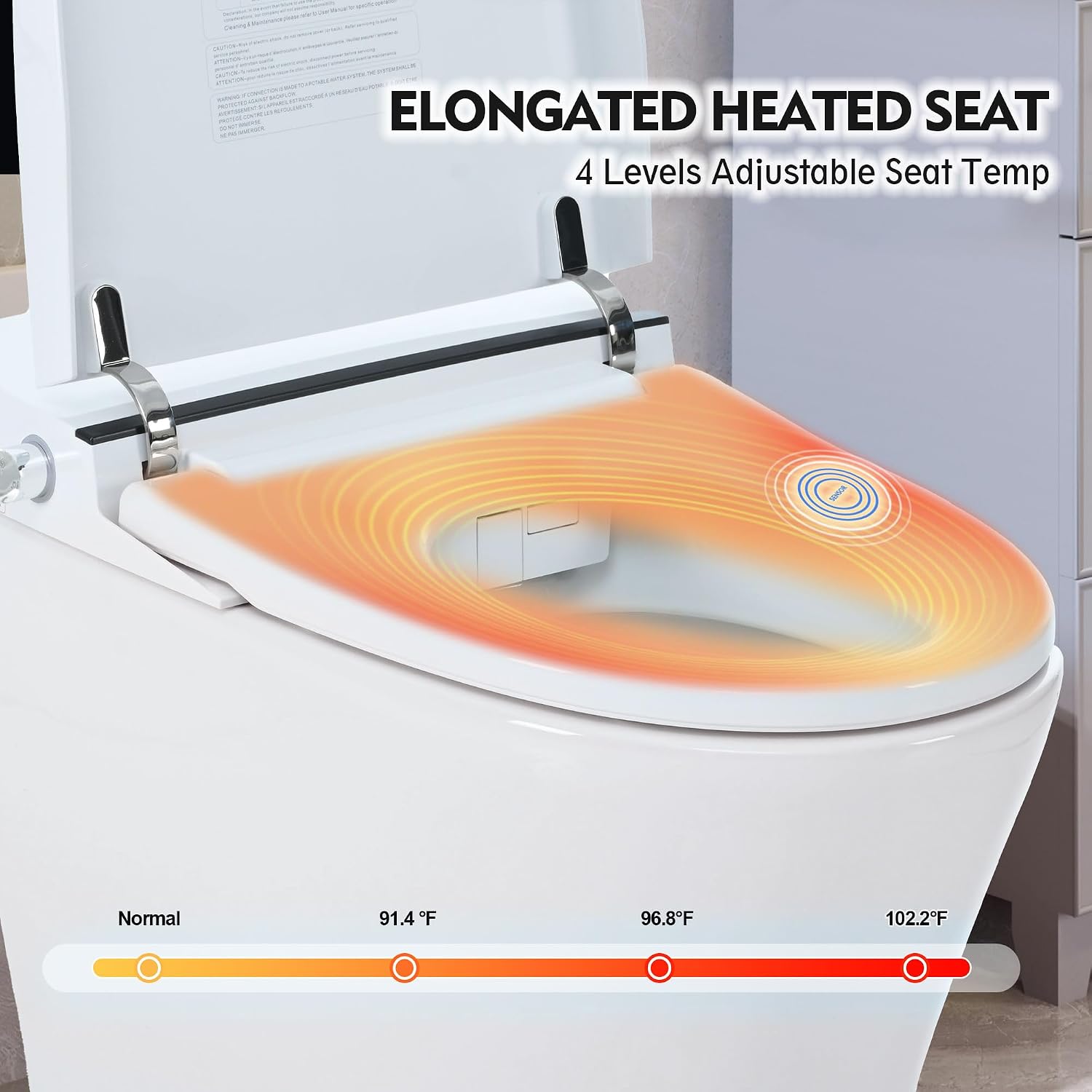 Merax Heated Seat Smart Toilet, Upmarket Compact Dual Flush, 1/1.28 GPF, Tankless, Adjustable Temp, Foot Sensor Flush, White Night Light, Knob Control, Power Out, White, Plastic, Glossy Finish