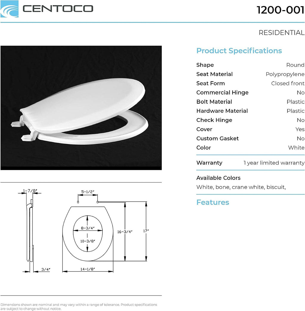Centoco 6 Pack -Toilet Seat Round, Closed Front with Cover, Residential, Plastic, Made in the USA, 1200-001, White