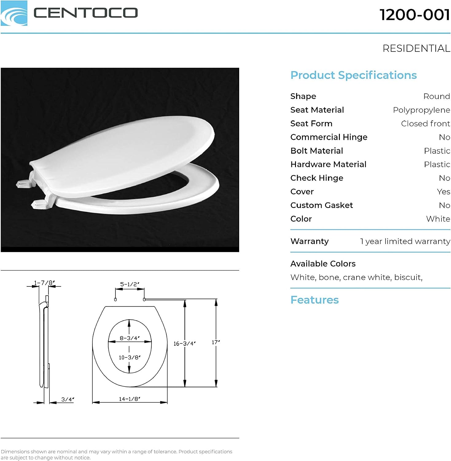 Centoco 6 Pack -Toilet Seat Round, Closed Front with Cover, Residential, Plastic, Made in the USA, 1200-001, White