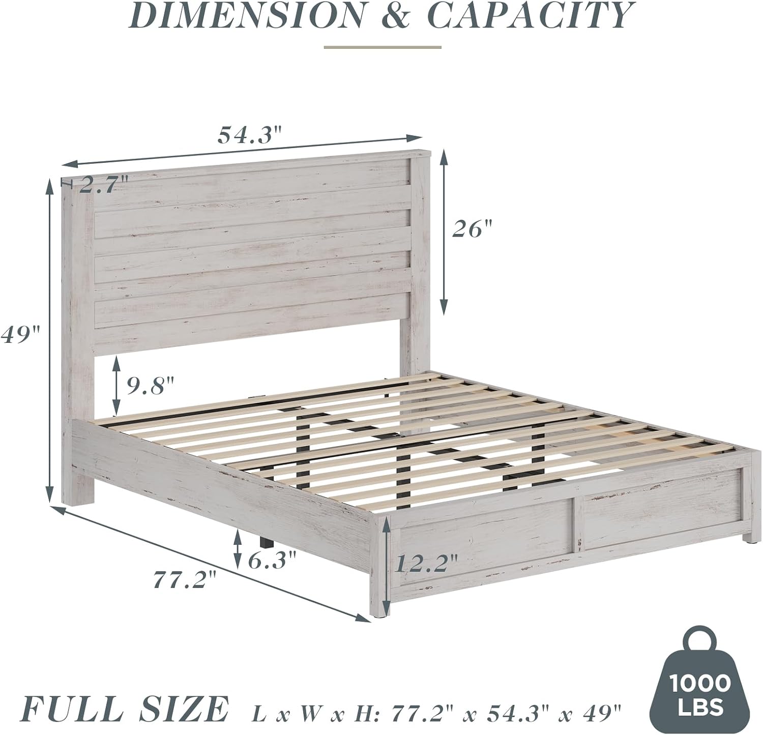 Albott Full Size Farmhouse Bed Frame with 49' Headboard, Platform Bed Frame with Wood Slats Support/No Box Spring Needed/Easy Assembly, Distressed White