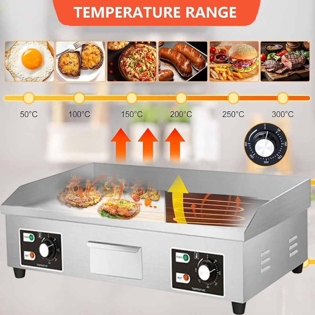 Commercial Electric Flat Top Grill, Stainless Steel Griddle with 3 Cleaning Scoops and 3 Cleaning Brushes for Family Gatherings Or Restaurants,122℉-572℉,4400W